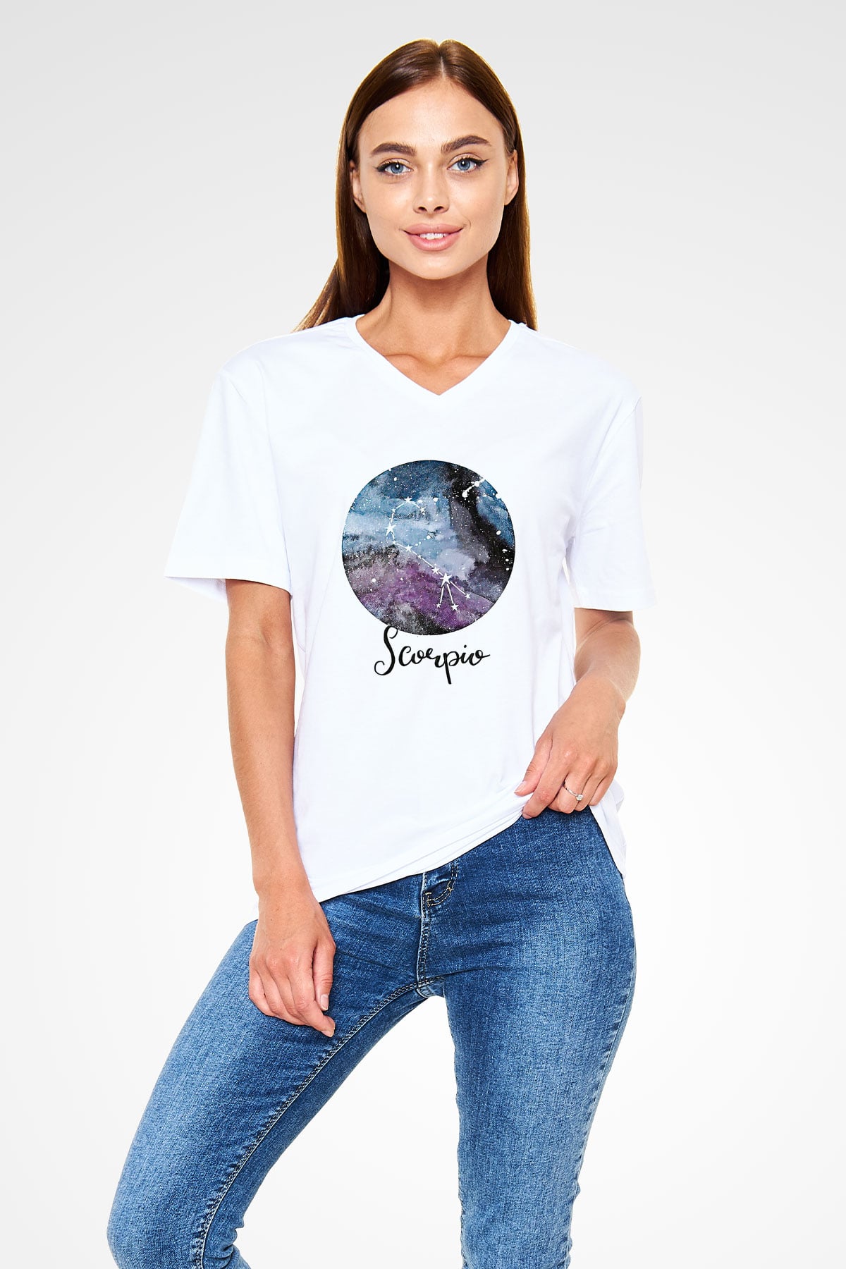 Akrep Burcu Baskılı Beyaz Unisex V Yaka Tişört - Tshirt