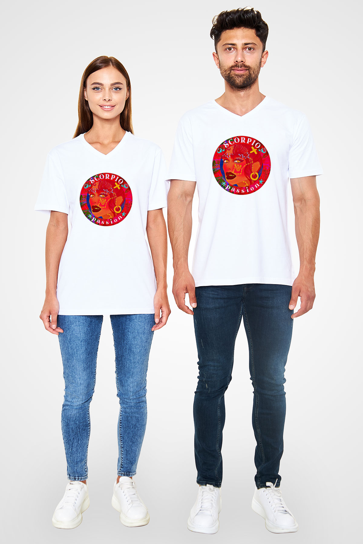 Akrep Burcu Baskılı Beyaz Unisex V Yaka Tişört - Tshirt