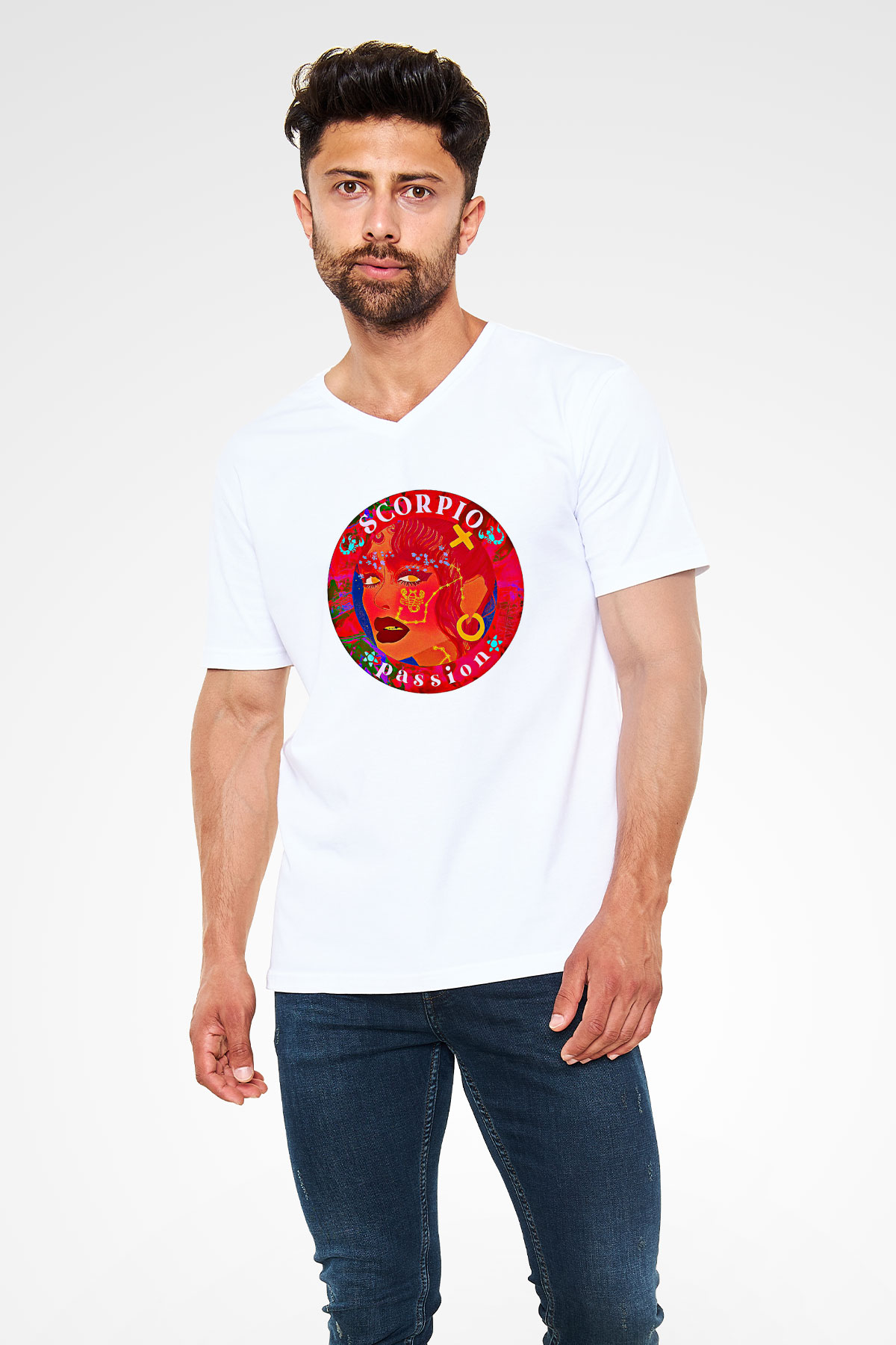 Akrep Burcu Baskılı Beyaz Unisex V Yaka Tişört - Tshirt