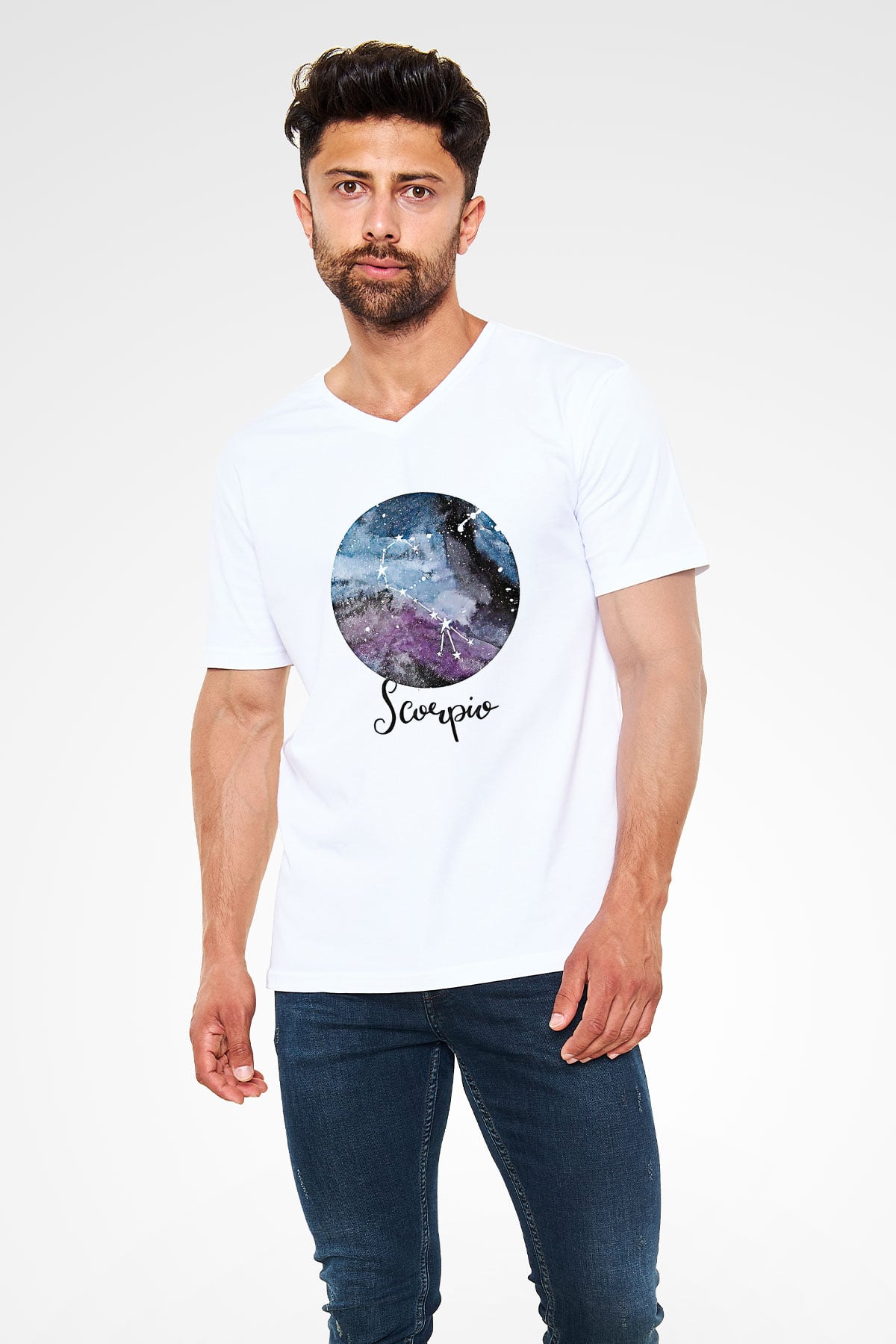 Akrep Burcu Baskılı Beyaz Unisex V Yaka Tişört - Tshirt