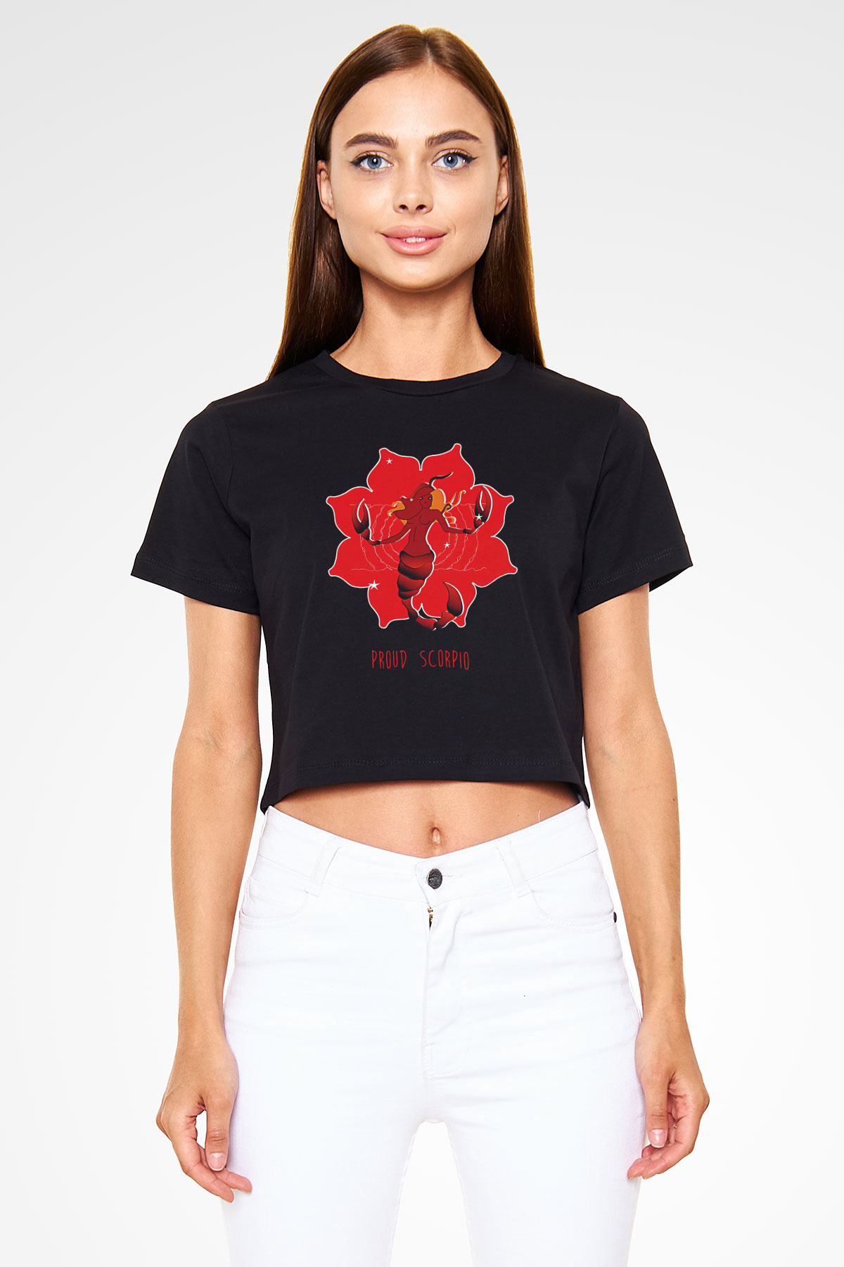 Akrep Burcu Baskılı Siyah Crop Top Kadın Tişört - Tshirt
