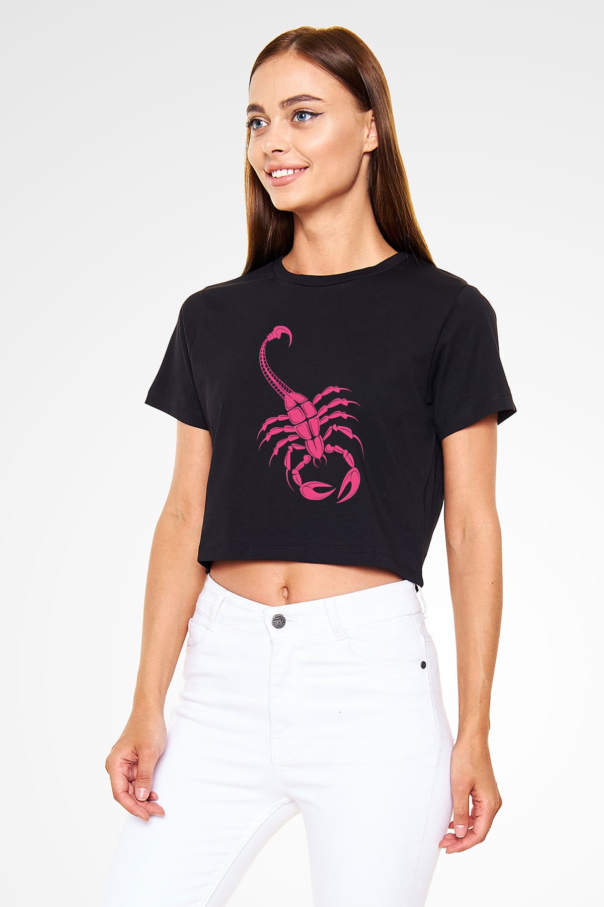Akrep Burcu Baskılı Siyah Crop Top Kadın Tişört - Tshirt