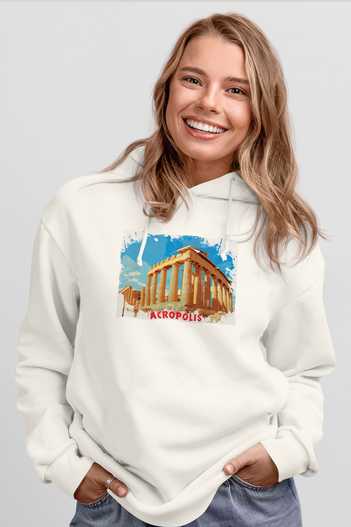 Akropolis Beyaz Unisex Hoodie