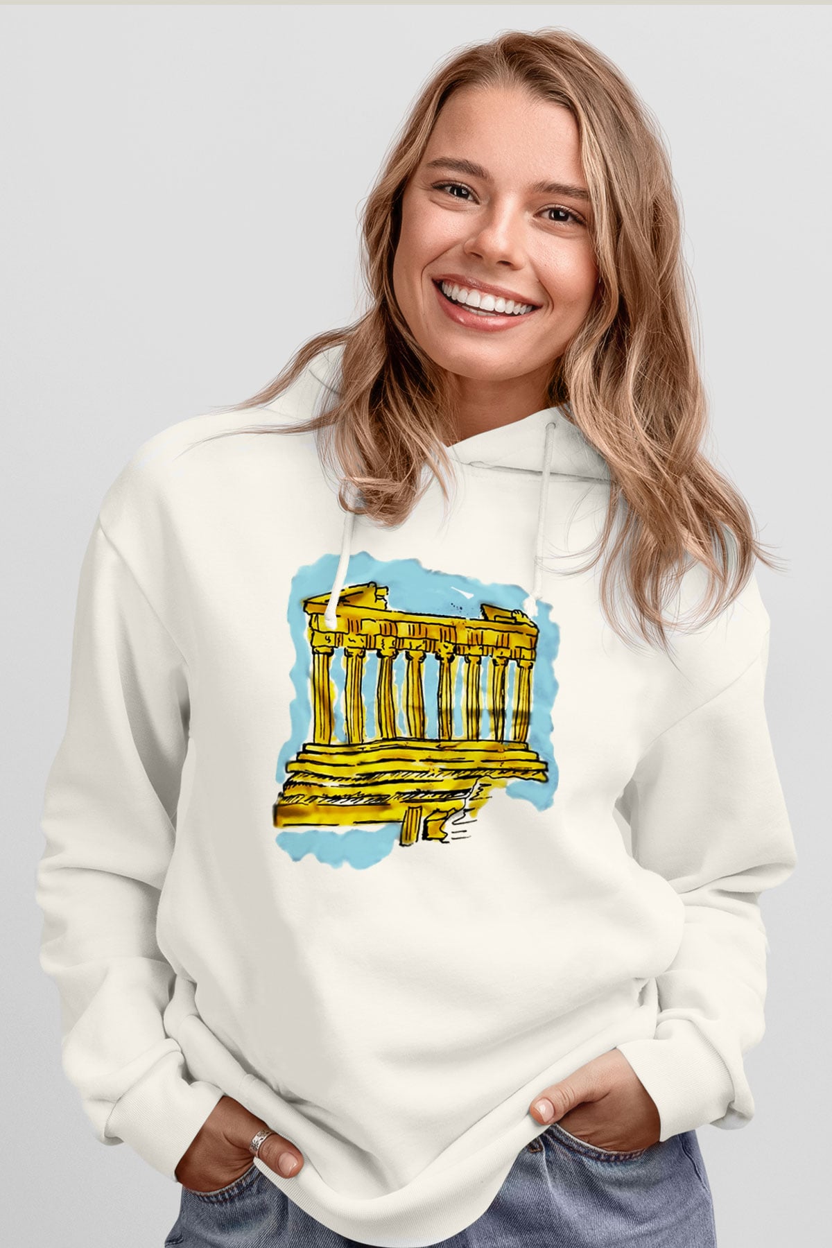 Akropolis Beyaz Unisex Kapşonlu Sweatshirt