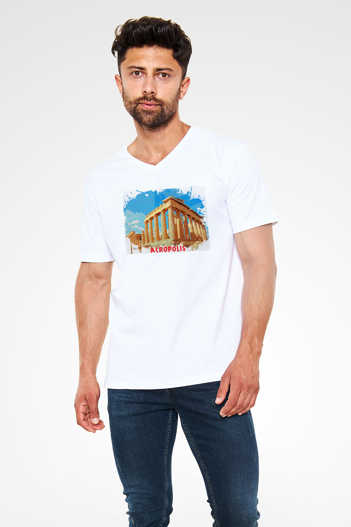 Akropolis Beyaz Unisex V Yaka Tişört