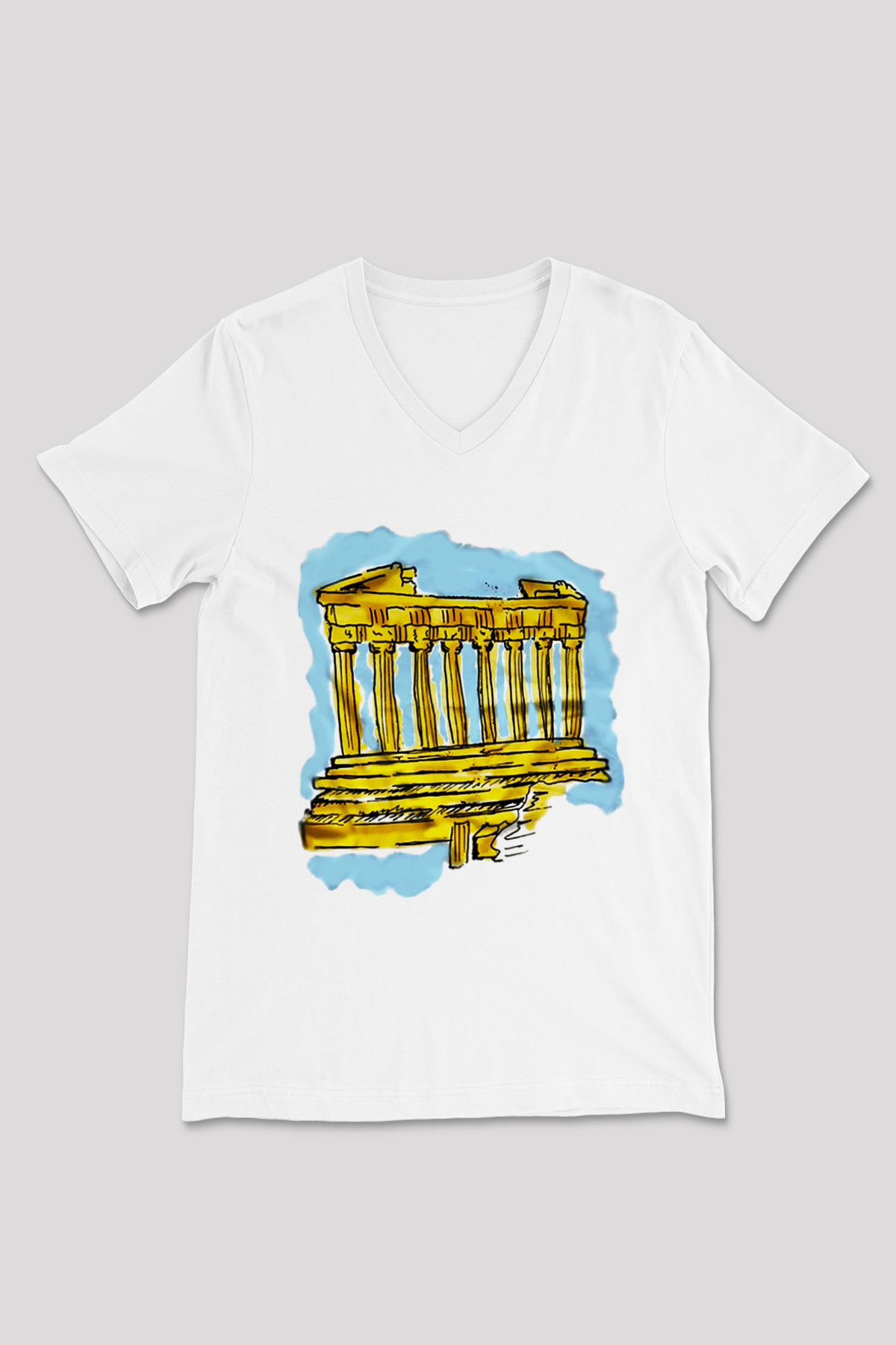 Akropolis Beyaz Unisex V Yaka Tişört T-Shirt