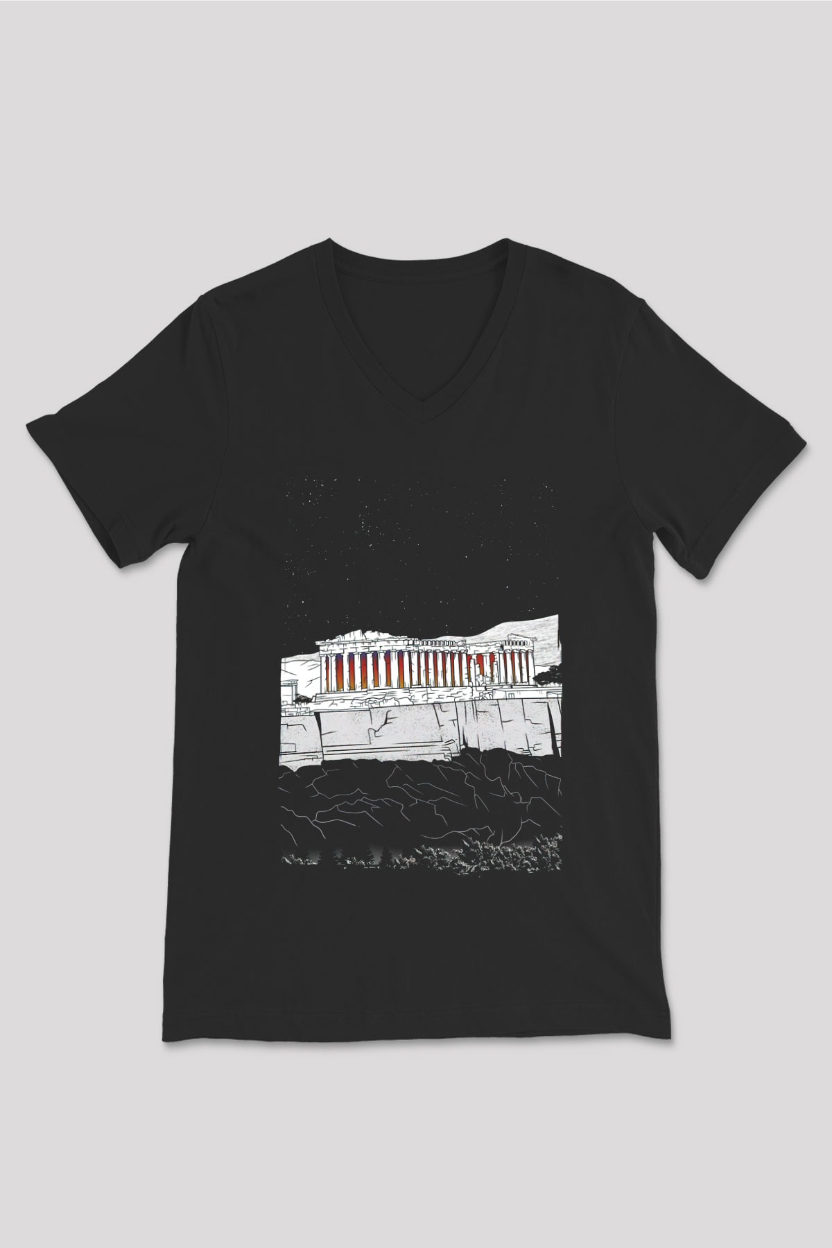 Akropolis Siyah Unisex V Yaka Tişört