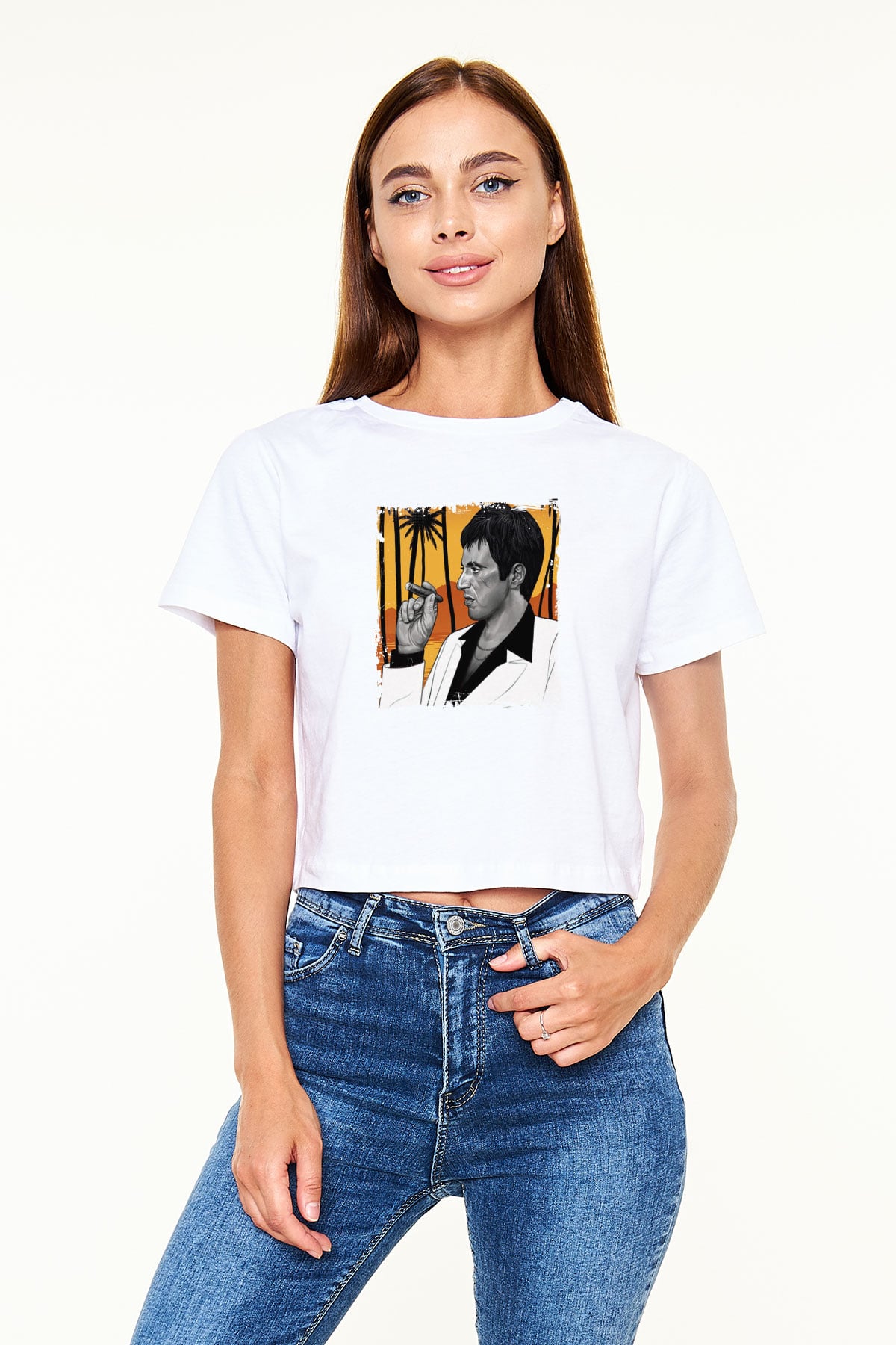 Al Pacino Baskılı Beyaz Kadın Crop Top Tişört