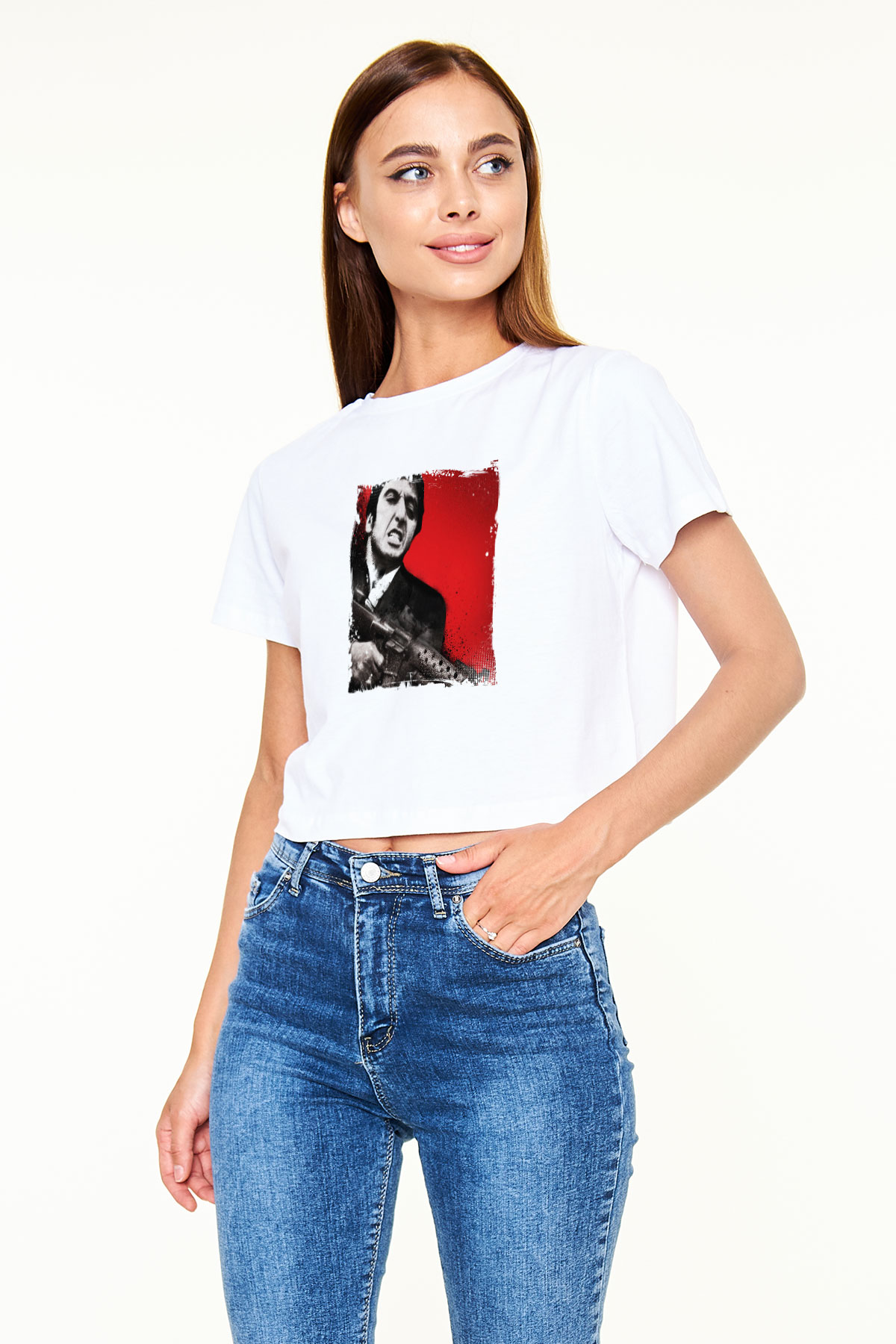 Al Pacino Baskılı Beyaz Kadın Crop Top Tişört