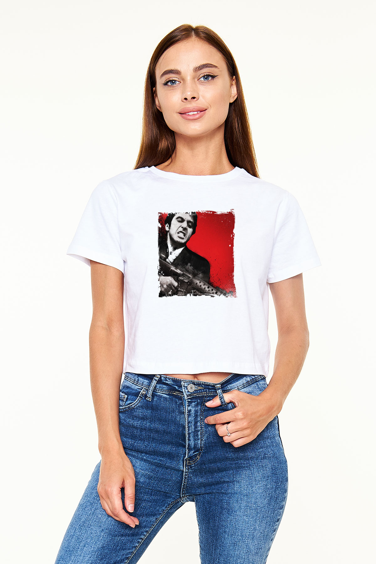Al Pacino Baskılı Beyaz Kadın Crop Top Tişört