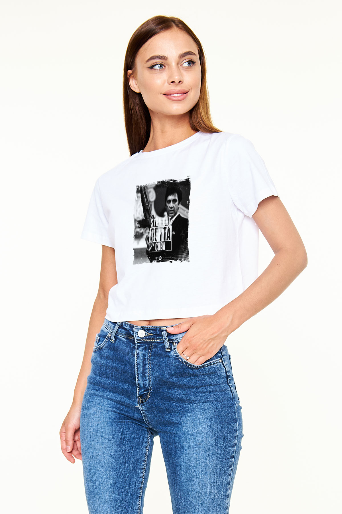 Al Pacino Baskılı Beyaz Kadın Crop Top Tişört