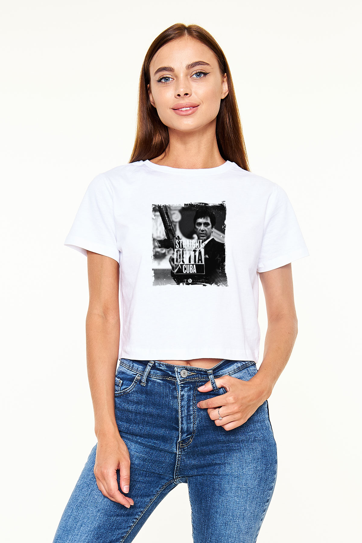 Al Pacino Baskılı Beyaz Kadın Crop Top Tişört