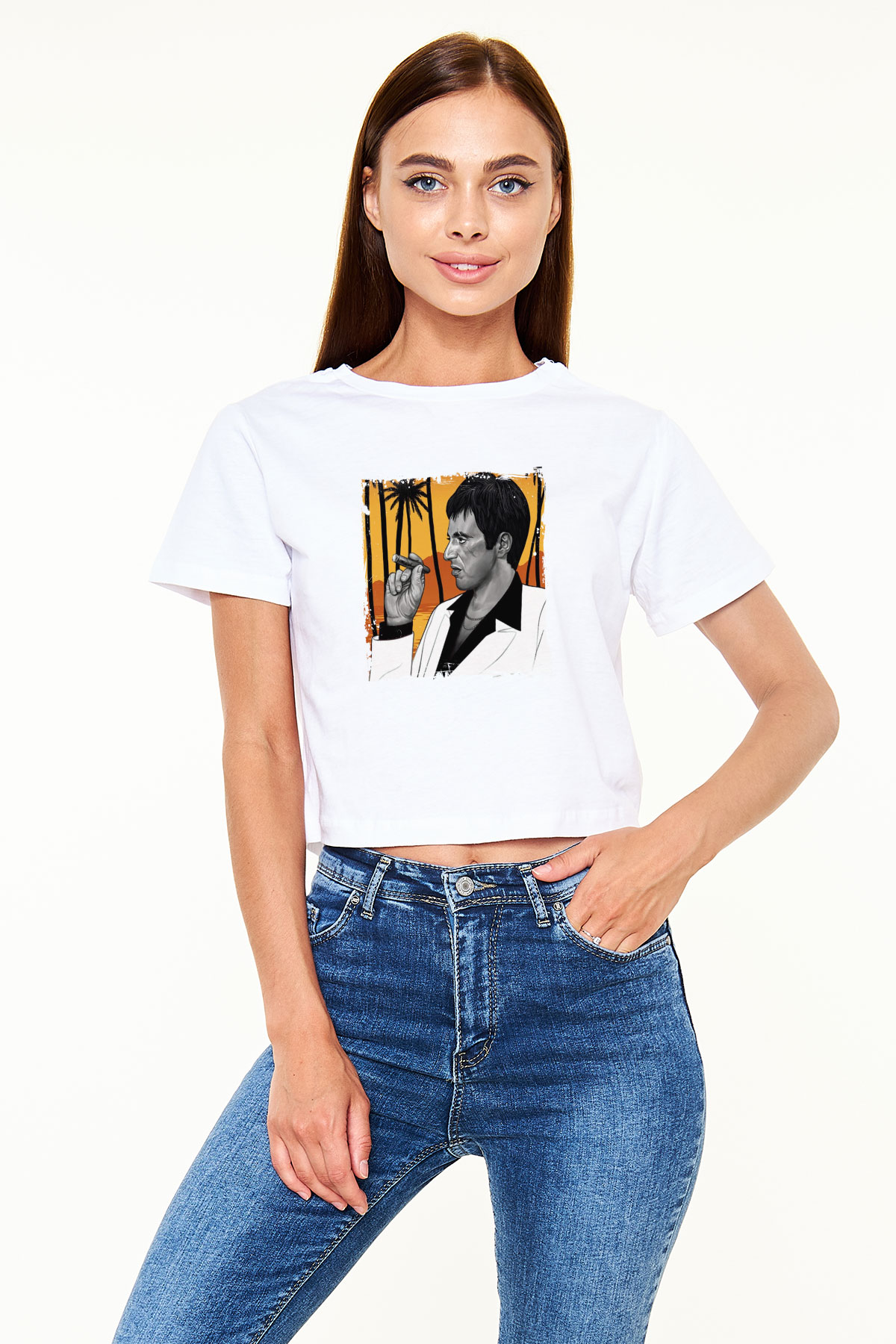 Al Pacino Baskılı Beyaz Kadın Crop Top Tişört