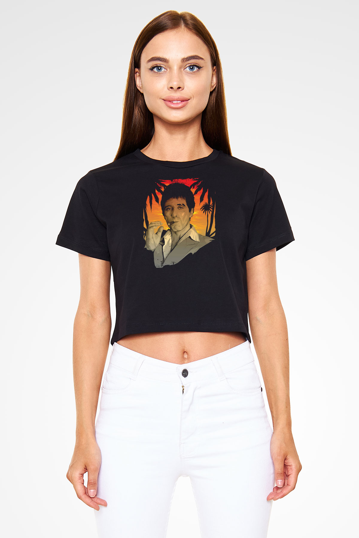 Al Pacino Baskılı Siyah Kadın Crop Top Tişört