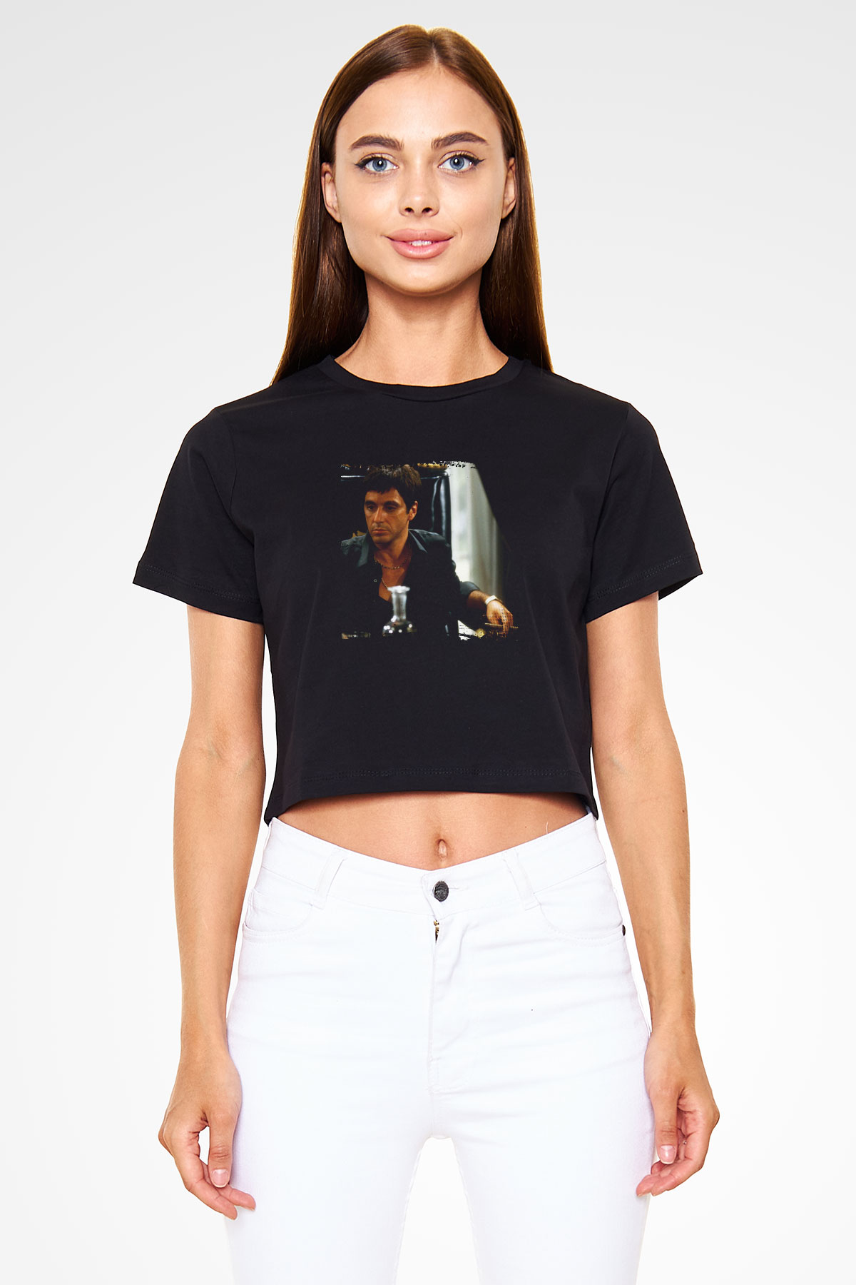 Al Pacino Baskılı Siyah Kadın Crop Top Tişört
