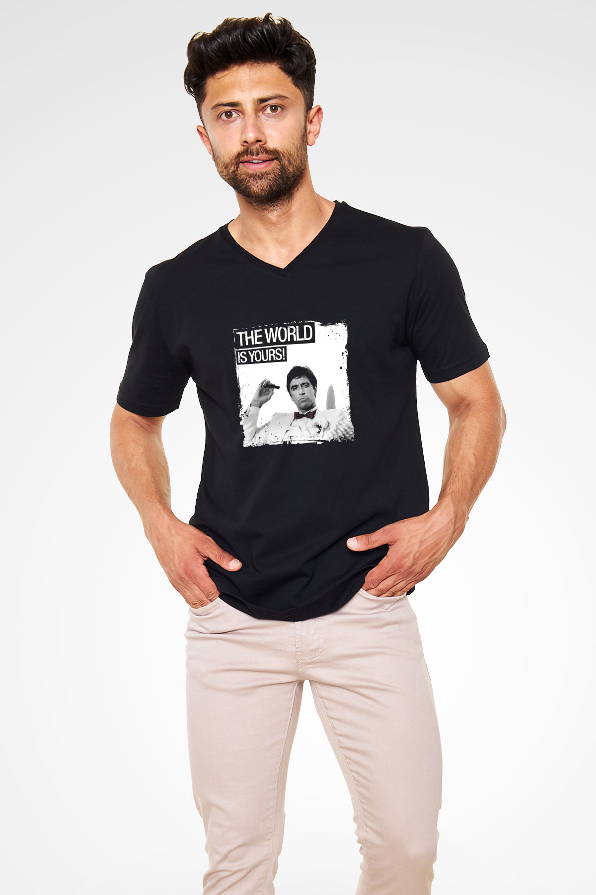 Al Pacino Baskılı Unisex Siyah V Yaka Tişört