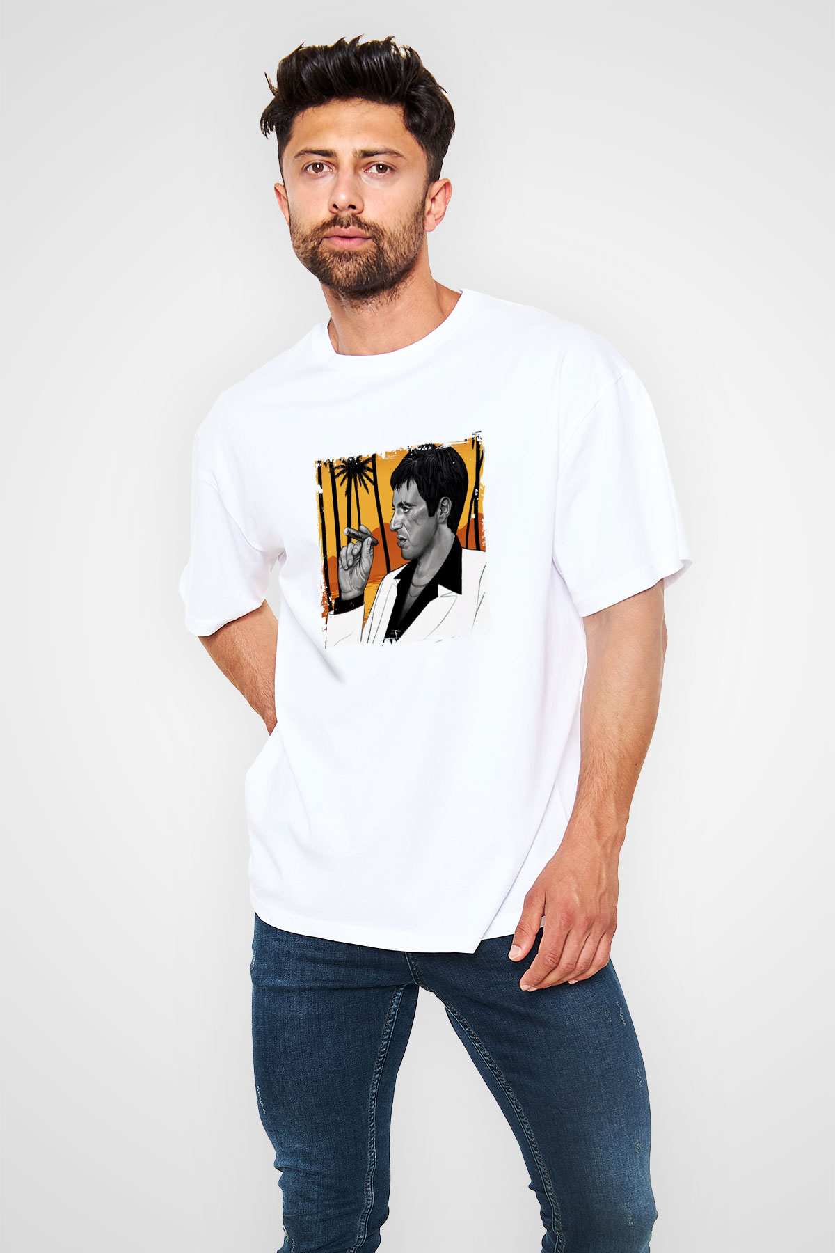 Al Pacino Oversize Baskılı Beyaz Tişört