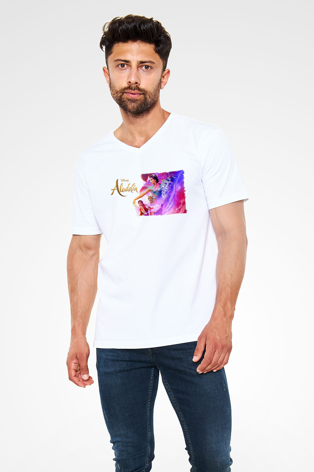 Aladdin Beyaz Unisex V Yaka Tişört