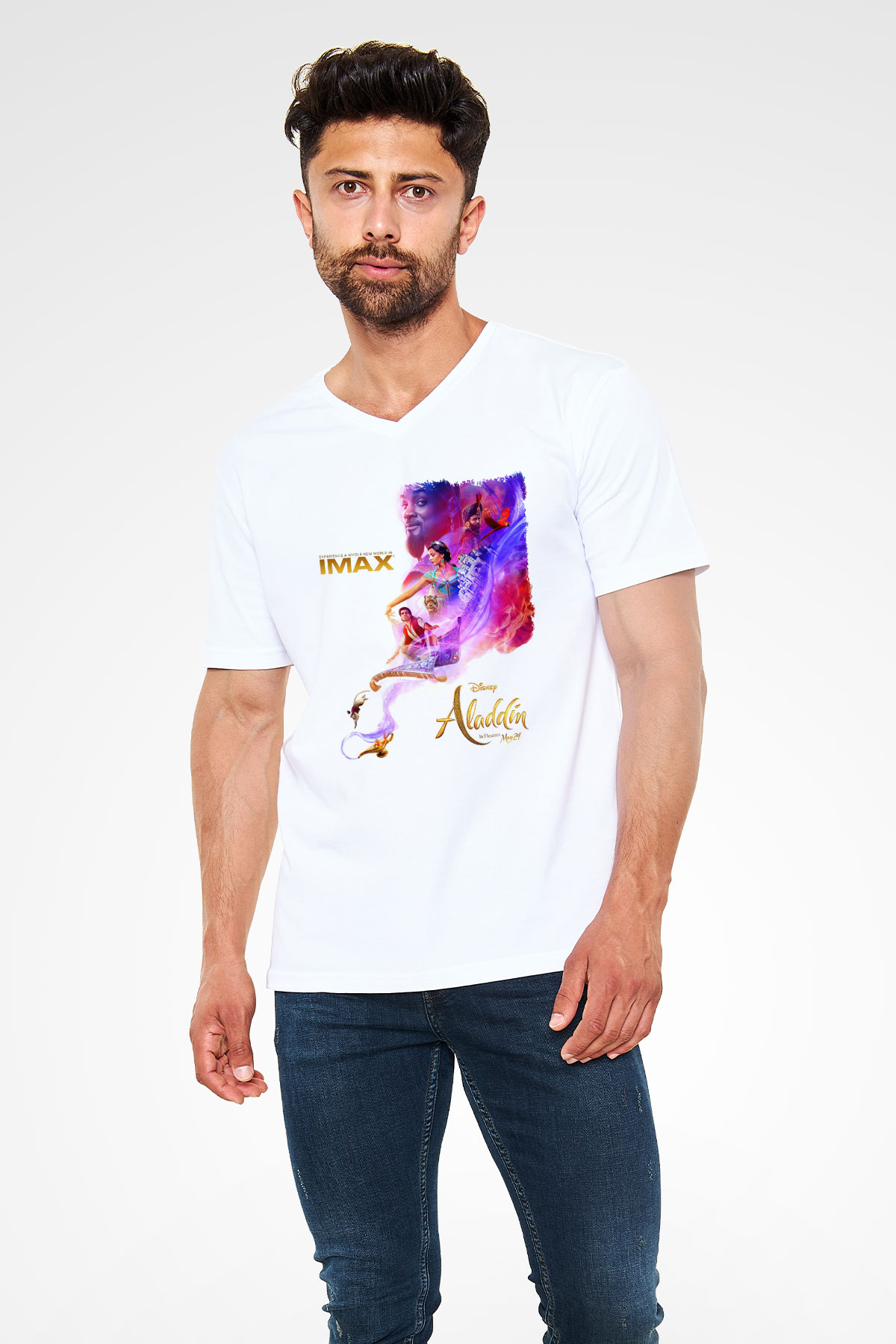 Aladdin Beyaz Unisex V Yaka Tişört