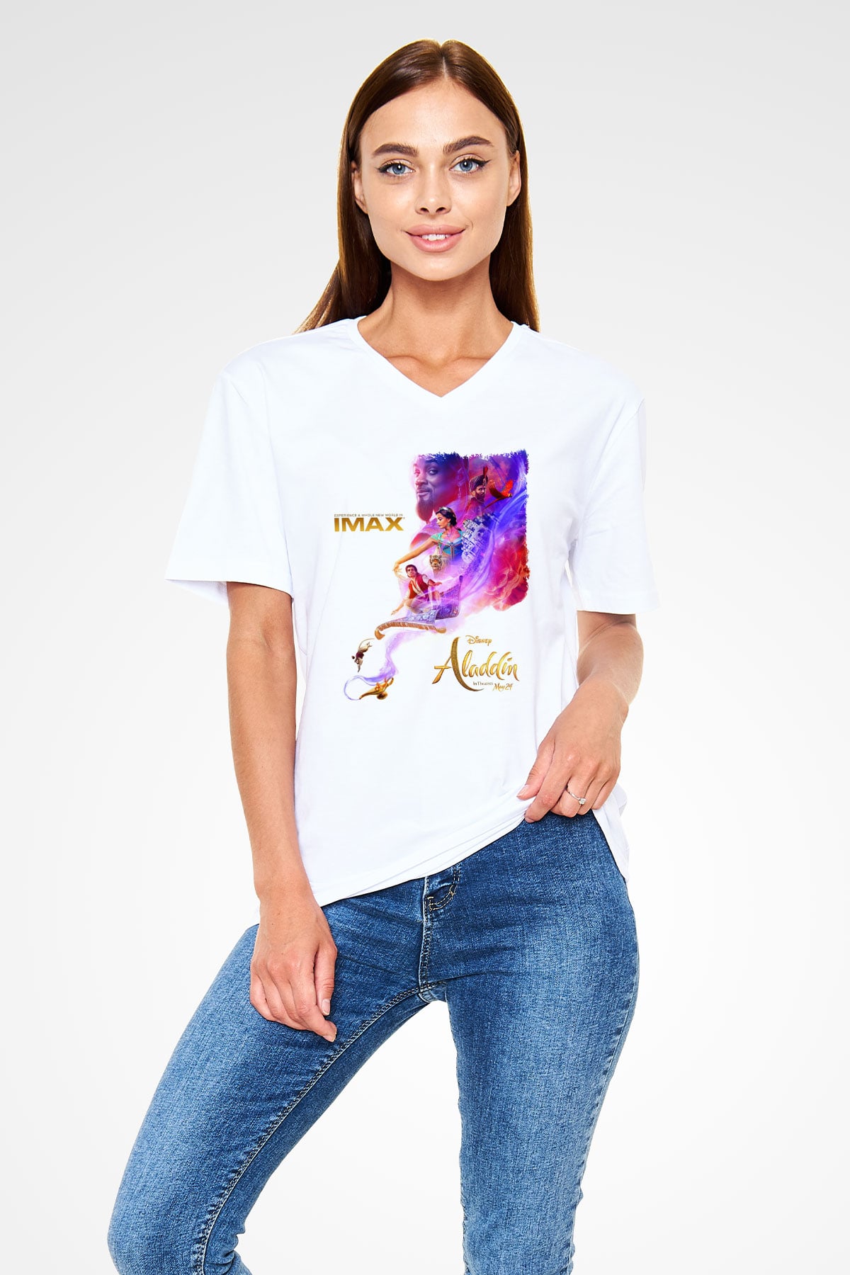 Aladdin Beyaz Unisex V Yaka Tişört