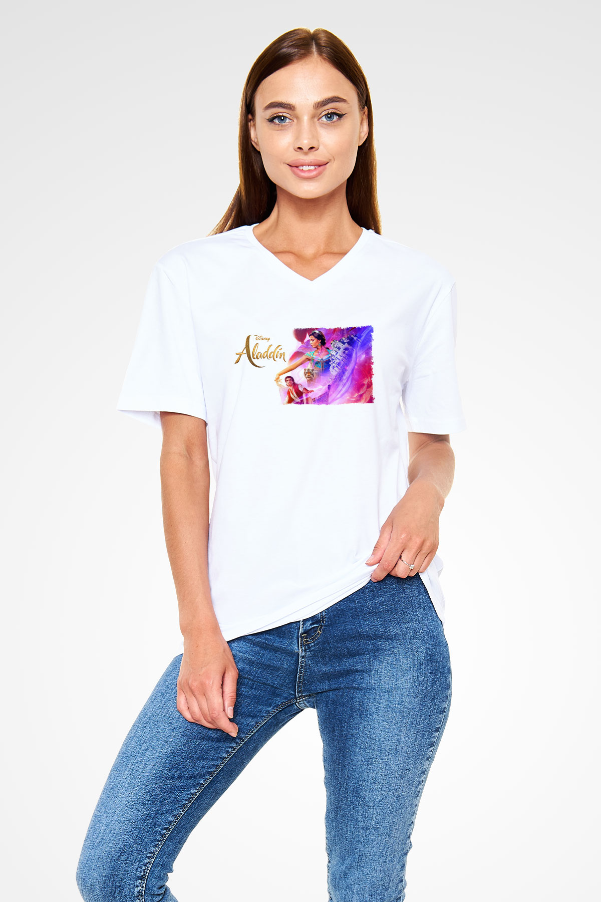 Aladdin Beyaz Unisex V Yaka Tişört