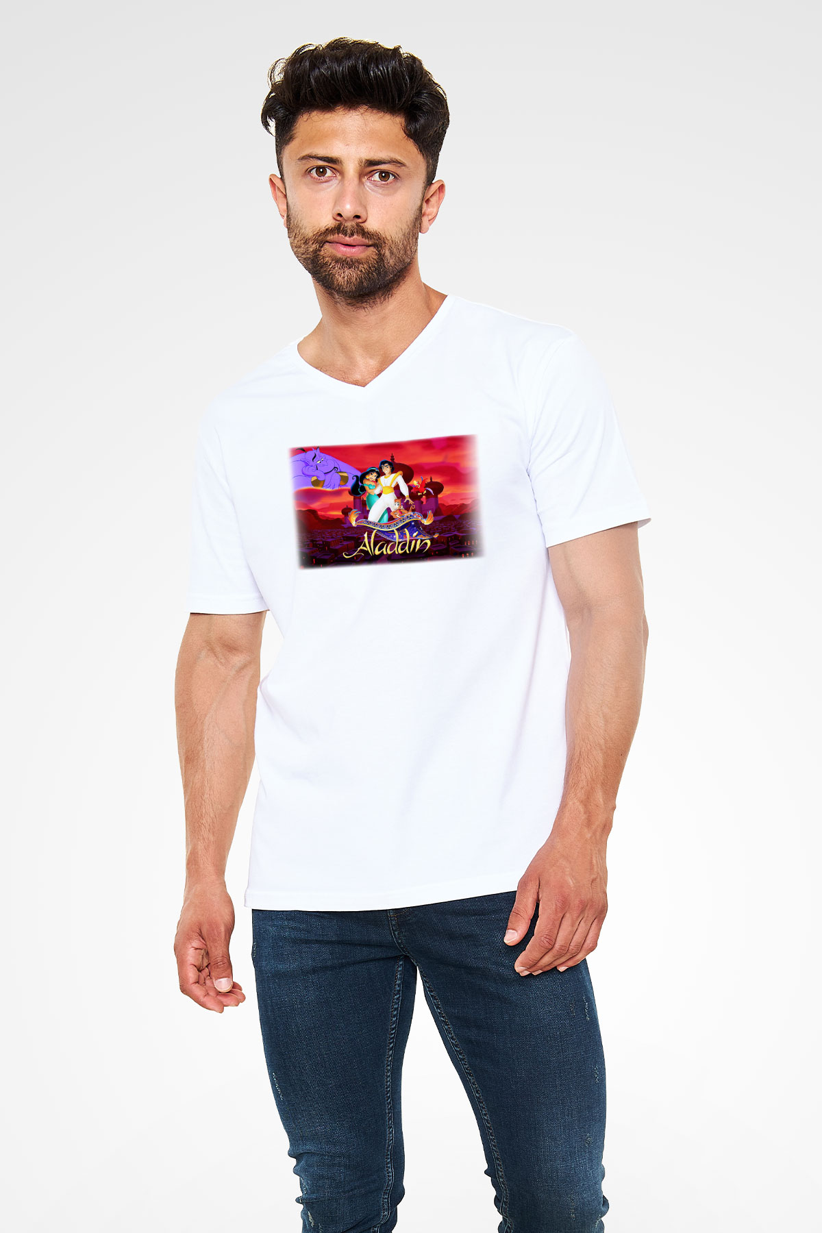 Aladdin Beyaz Unisex V Yaka Tişört T-Shirt