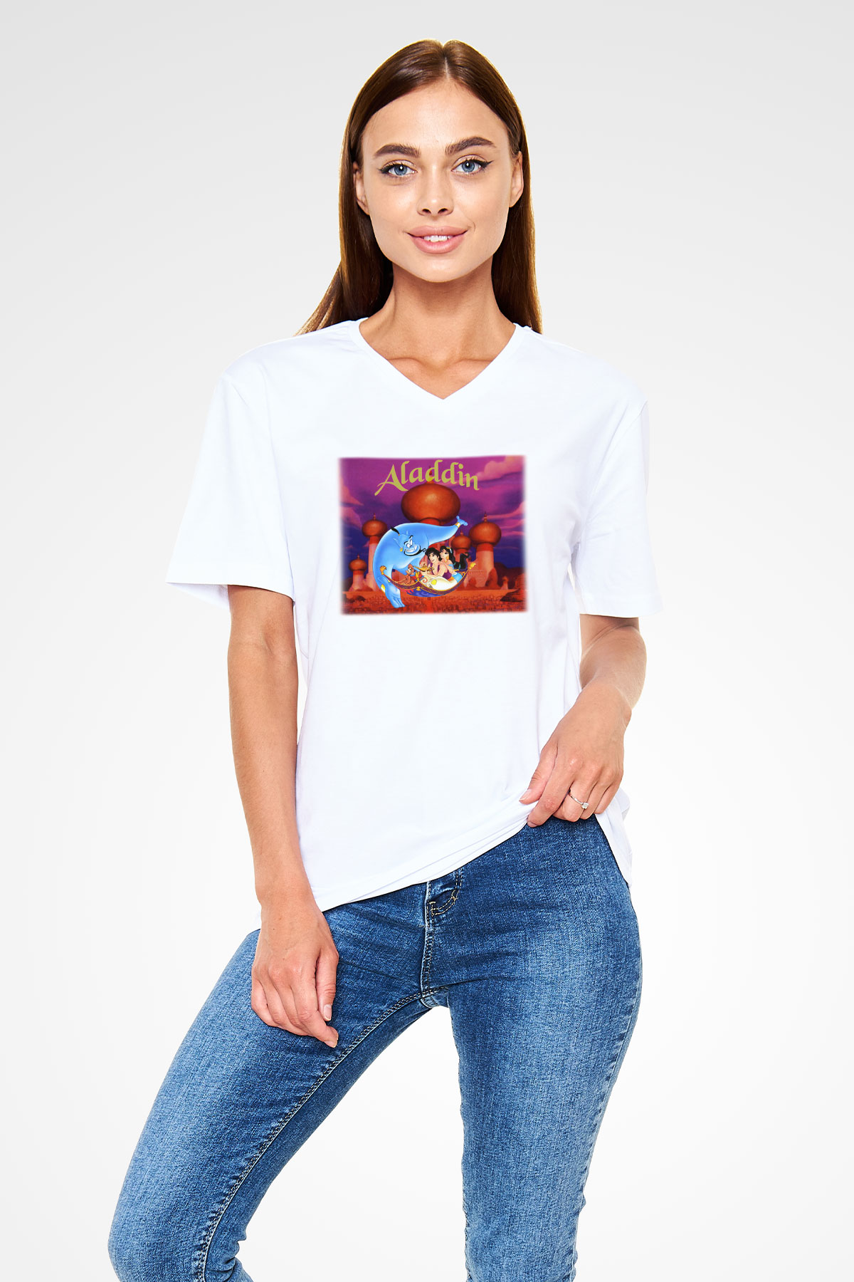 Aladdin Beyaz Unisex V Yaka Tişört T-Shirt