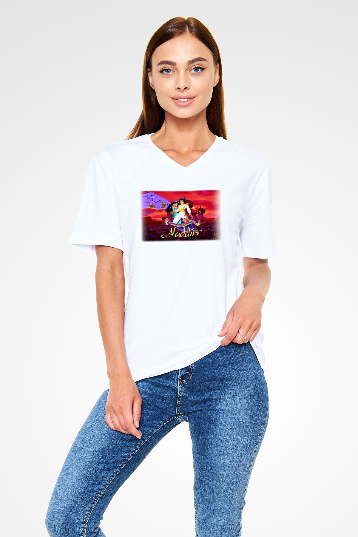 Aladdin Beyaz Unisex V Yaka Tişört T-Shirt