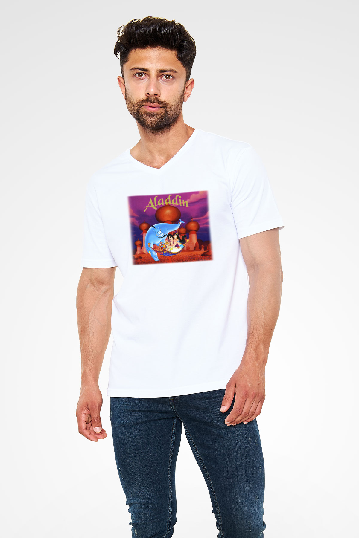 Aladdin Beyaz Unisex V Yaka Tişört T-Shirt
