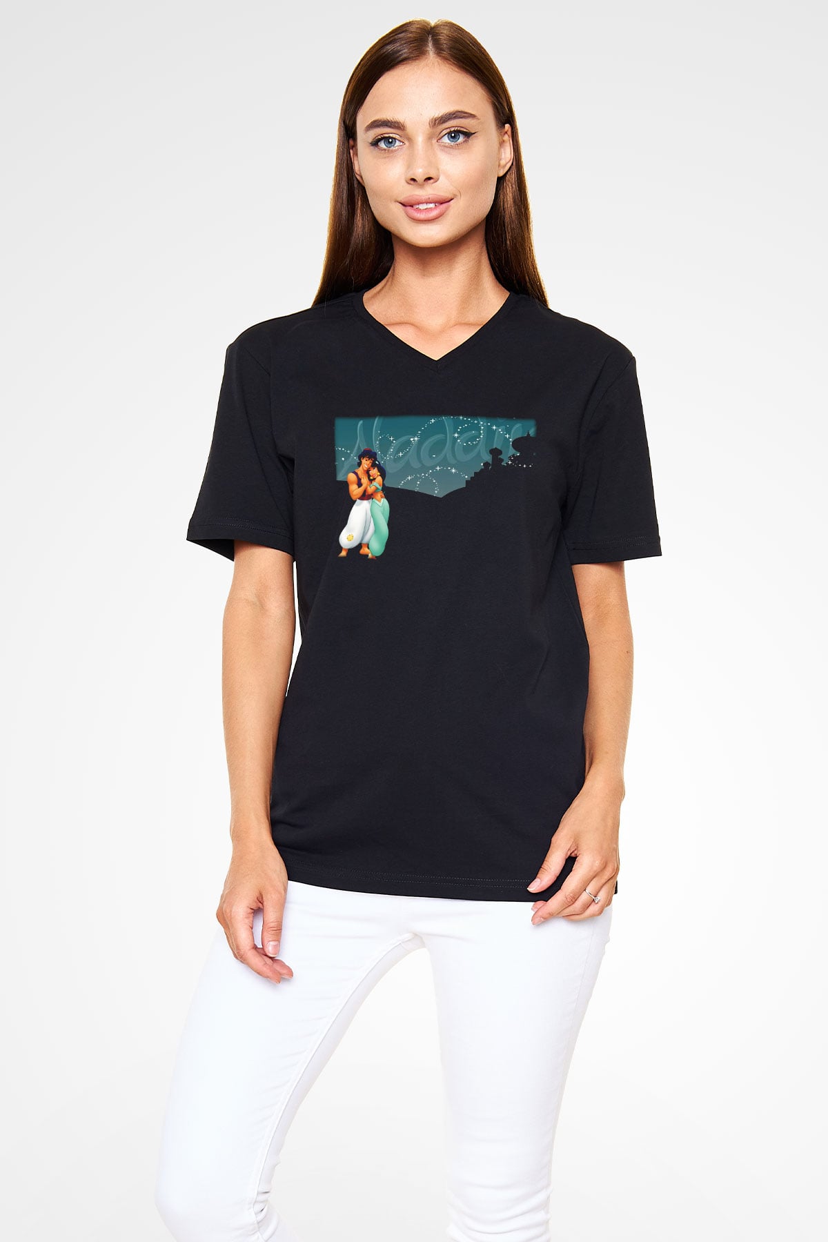 Aladdin Siyah Unisex V Yaka Tişört T-Shirt