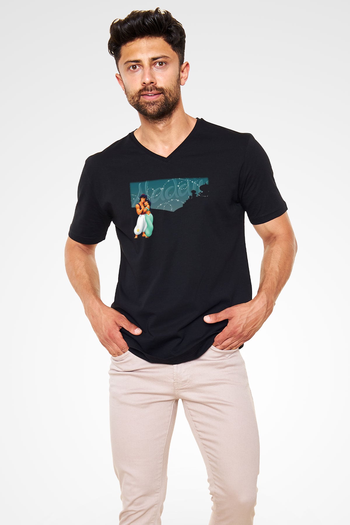 Aladdin Siyah Unisex V Yaka Tişört T-Shirt