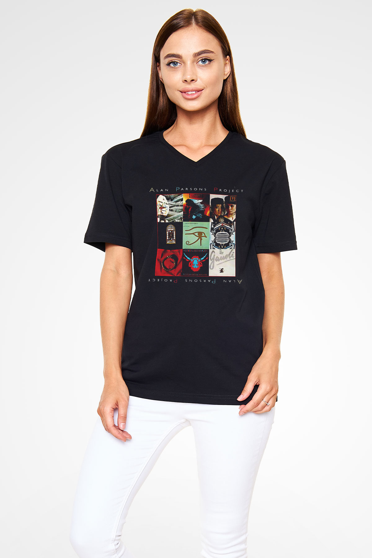 Alan Persons Project Baskılı Unisex Siyah V Yaka Tişört - Tshirt