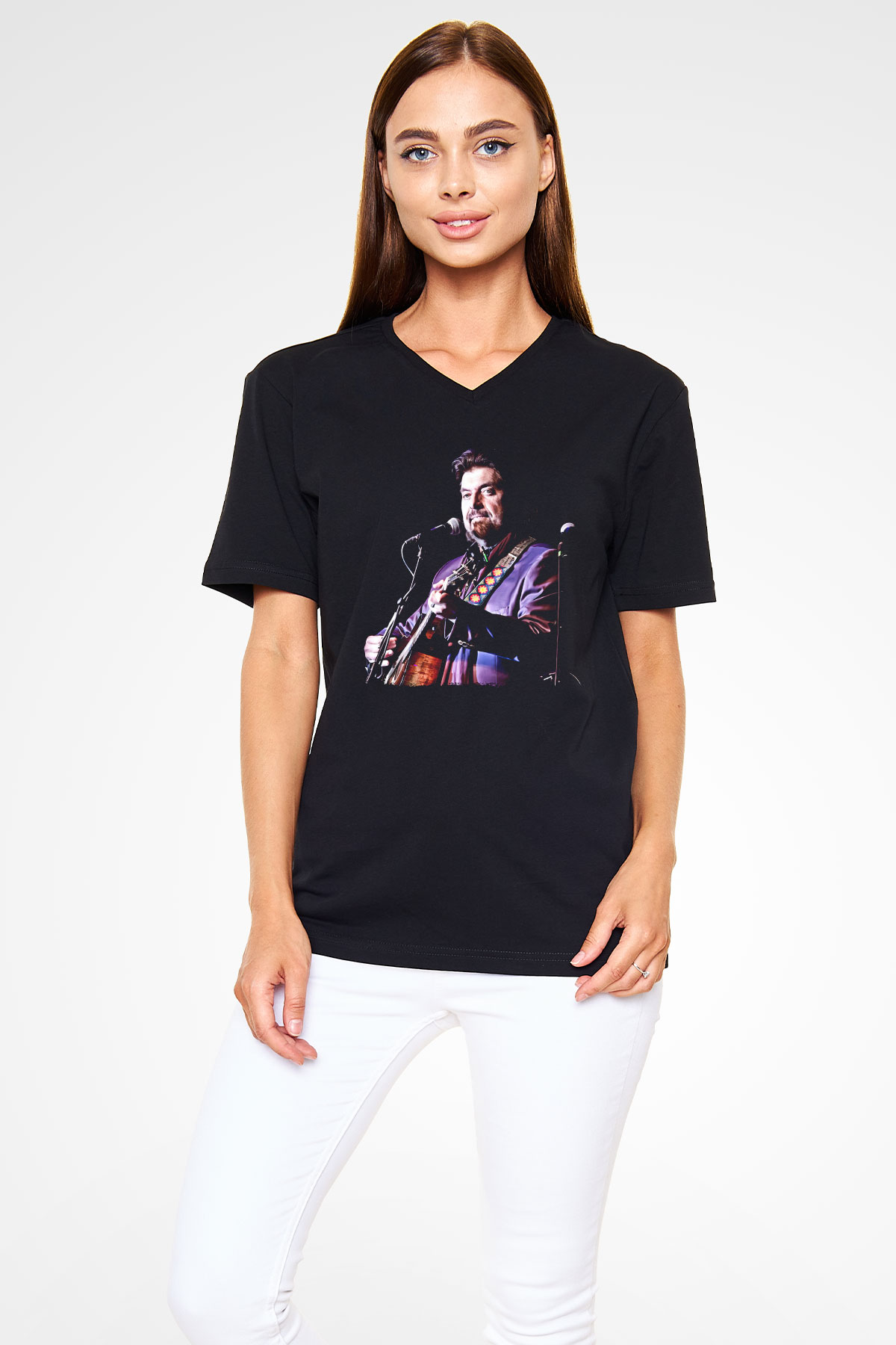 Alan Persons Project Baskılı Unisex Siyah V Yaka Tişört - Tshirt
