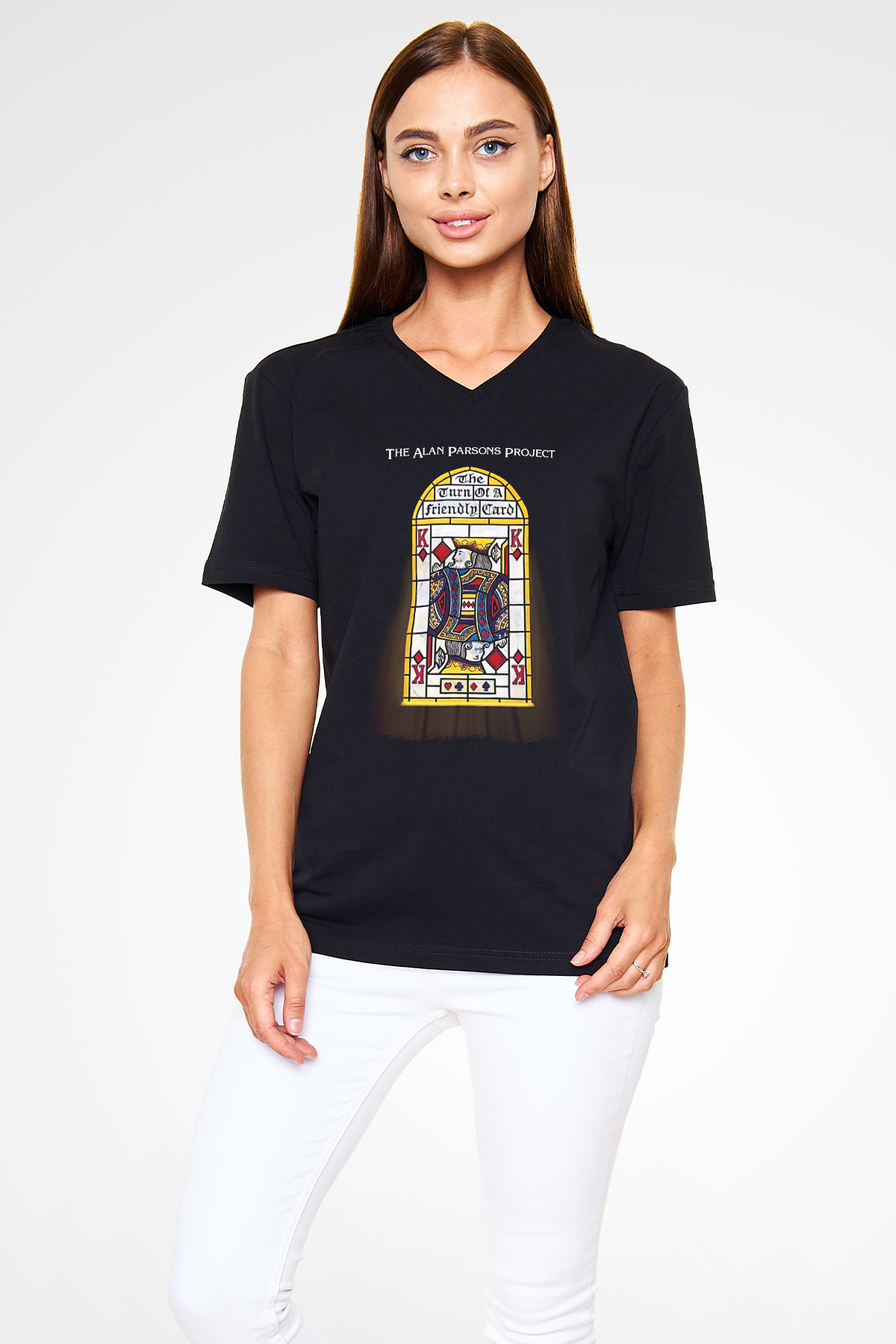 Alan Persons Project Baskılı Unisex Siyah V Yaka Tişört - Tshirt