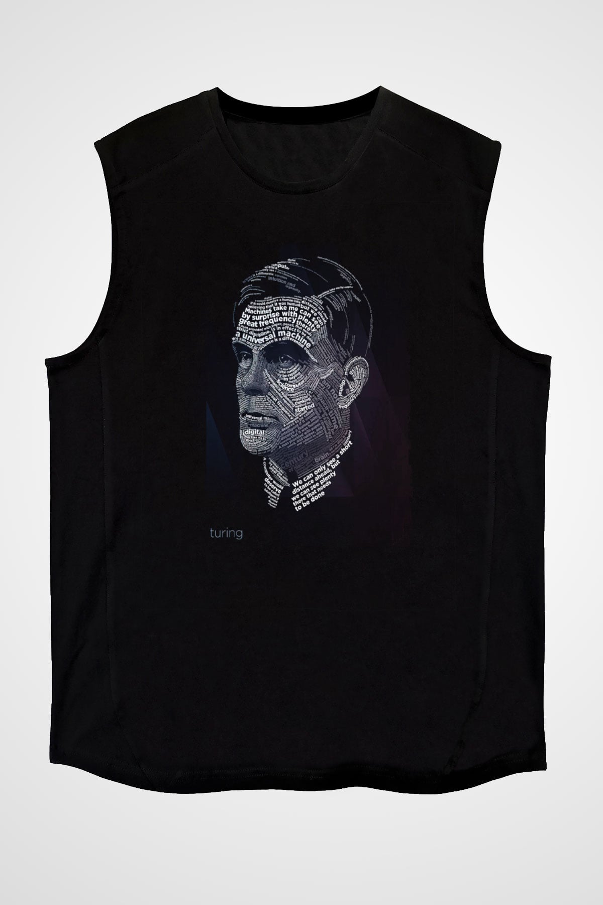 Alan Turing Tipografi Baskılı Unisex Kolsuz Siyah Tişört - Tshirt