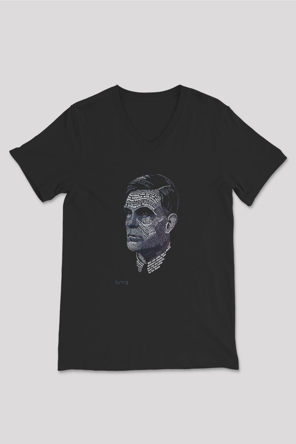 Alan Turing Tipografi Baskılı Unisex V Yaka Siyah Tİşört - Tshirt