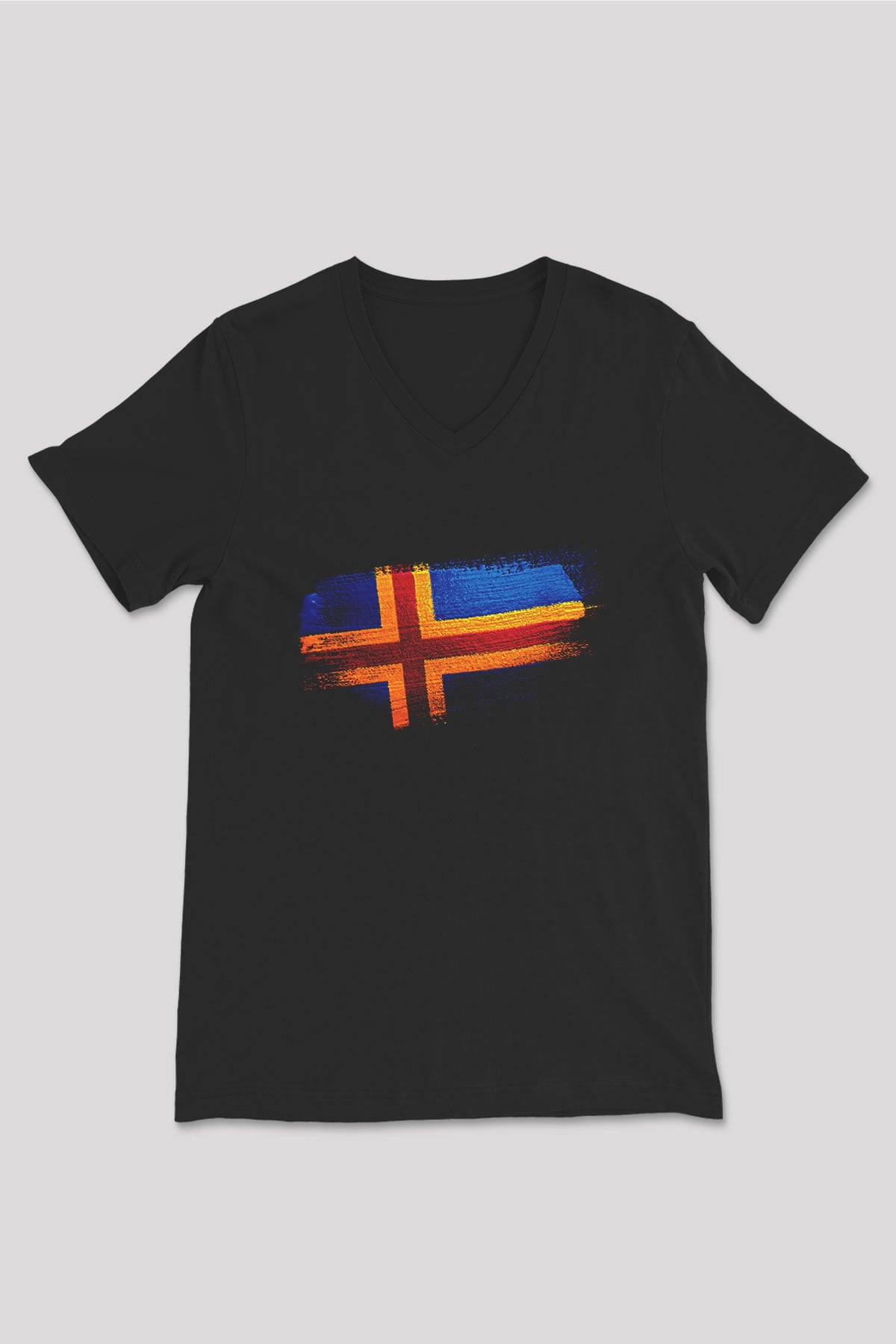 Aland Adaları - Aland İslands Bayrağı Baskılı Unisex Siyah V Yaka Tişört