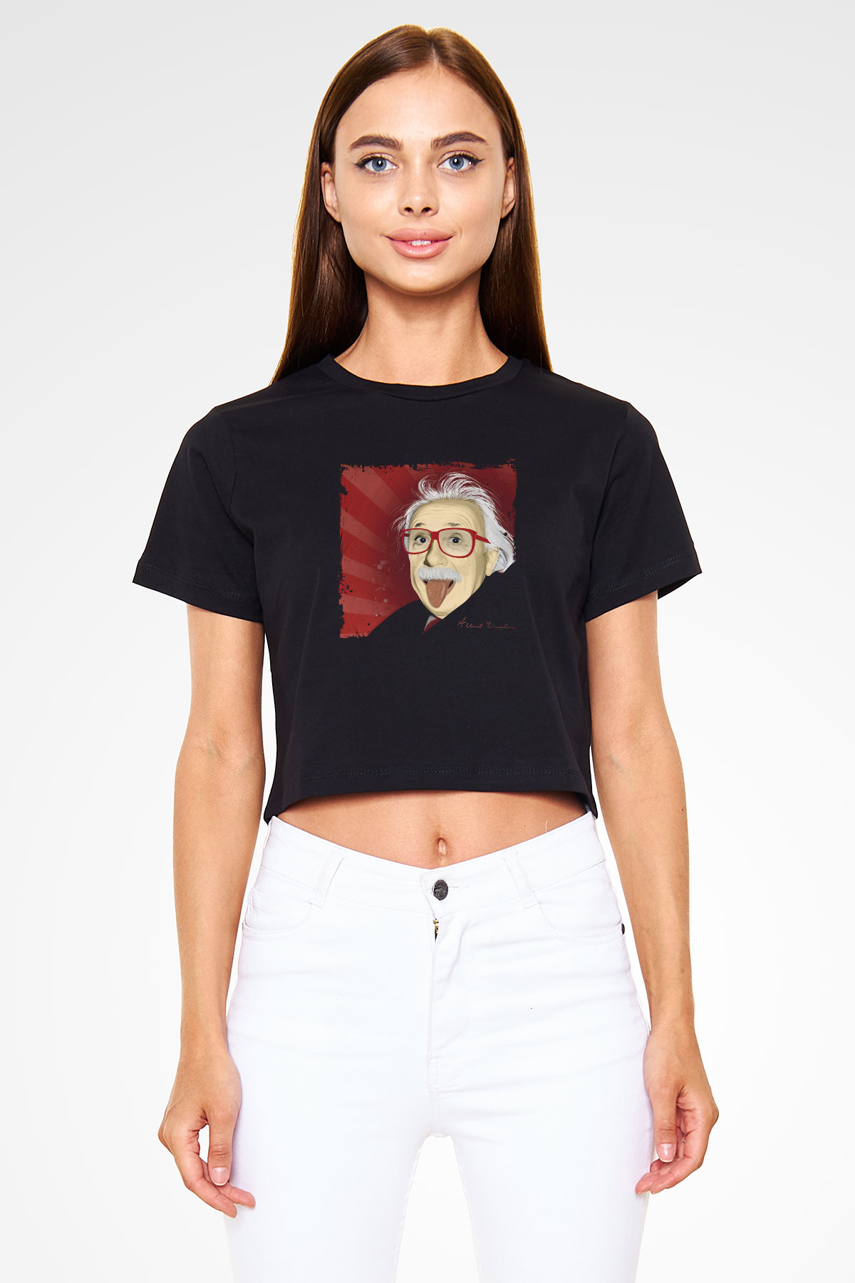 Albert Einstein Baskılı Siyah Kadın Crop Top Tişört