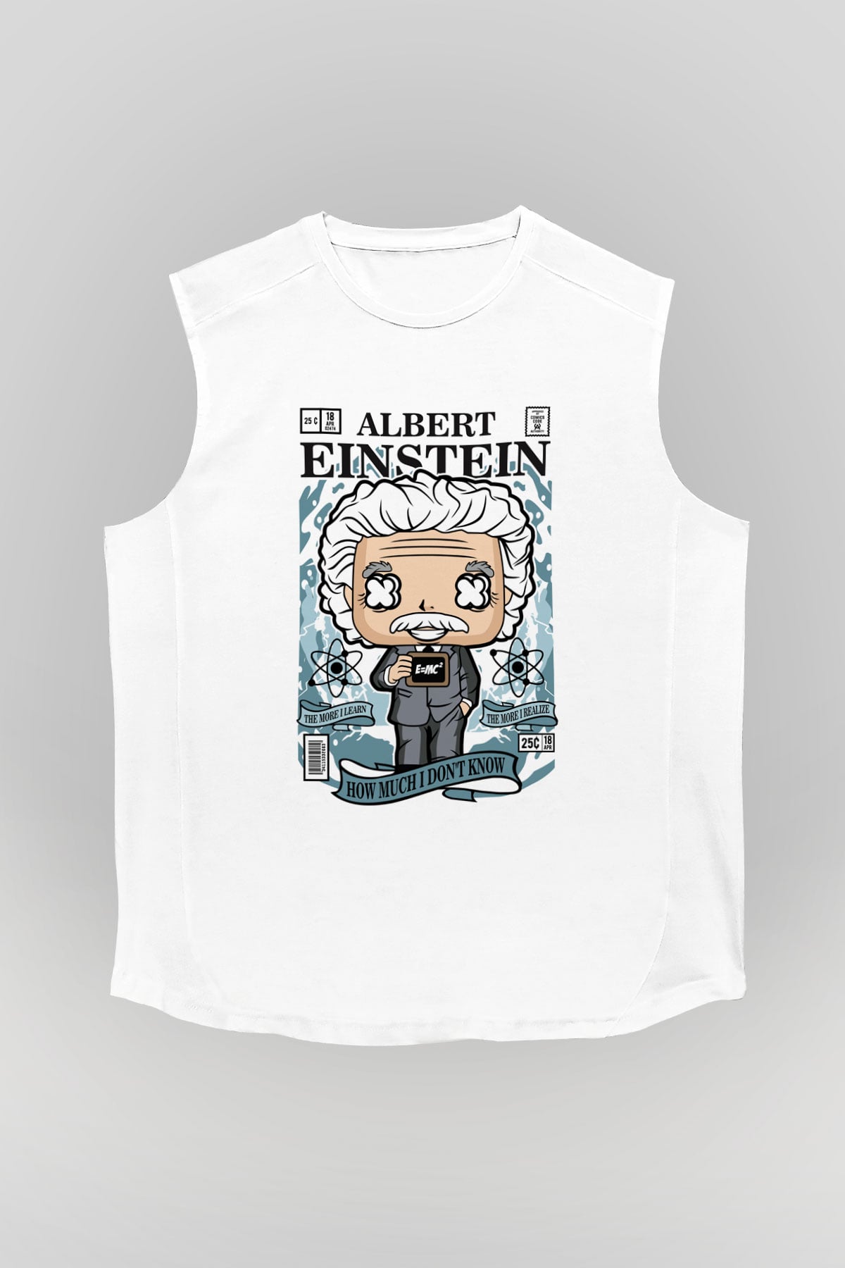 Albert Einstein Baskılı Unisex Beyaz Kolsuz Tişört