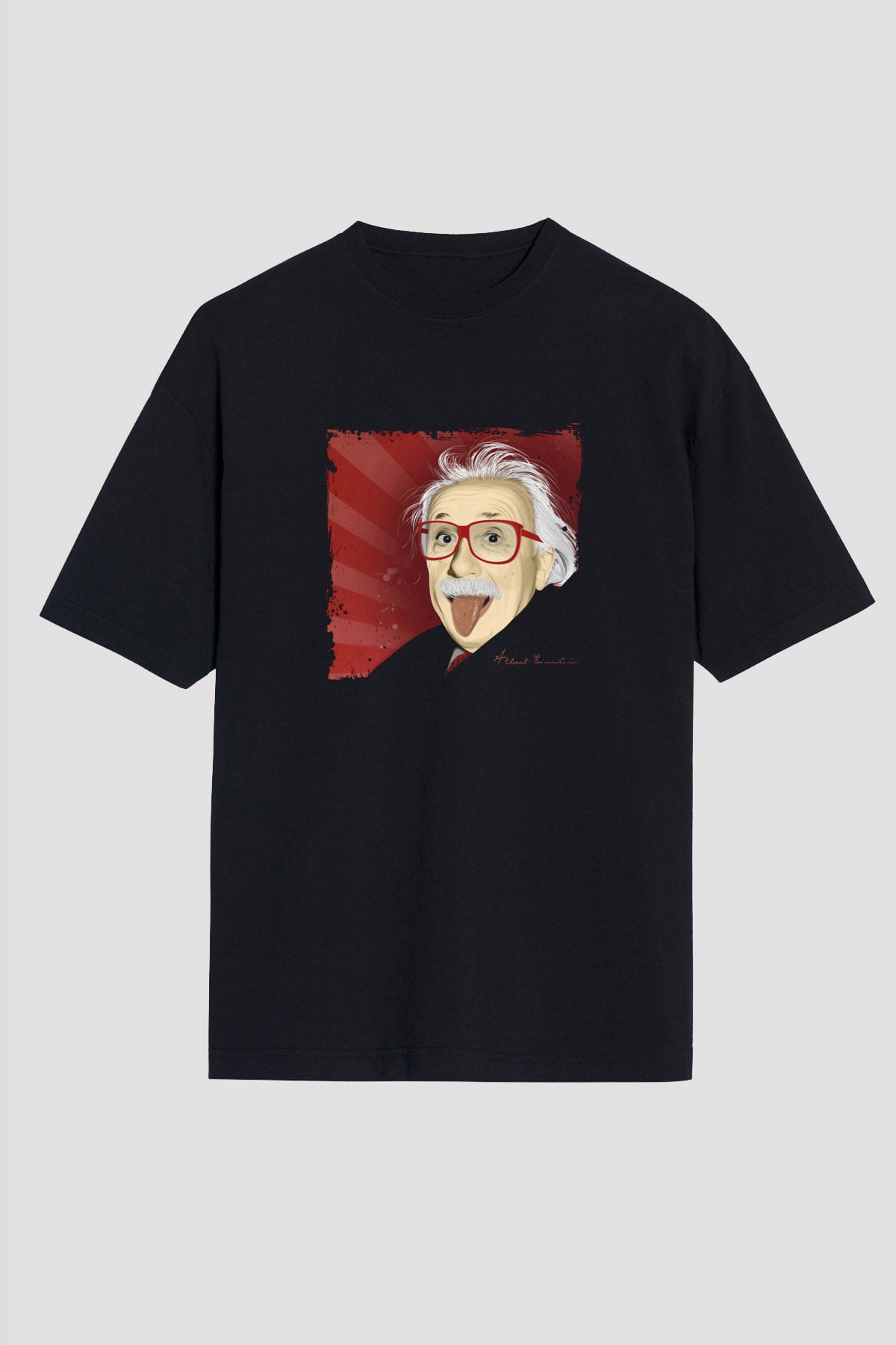 Albert Einstein Baskılı Unisex Siyah Oversize Tişört