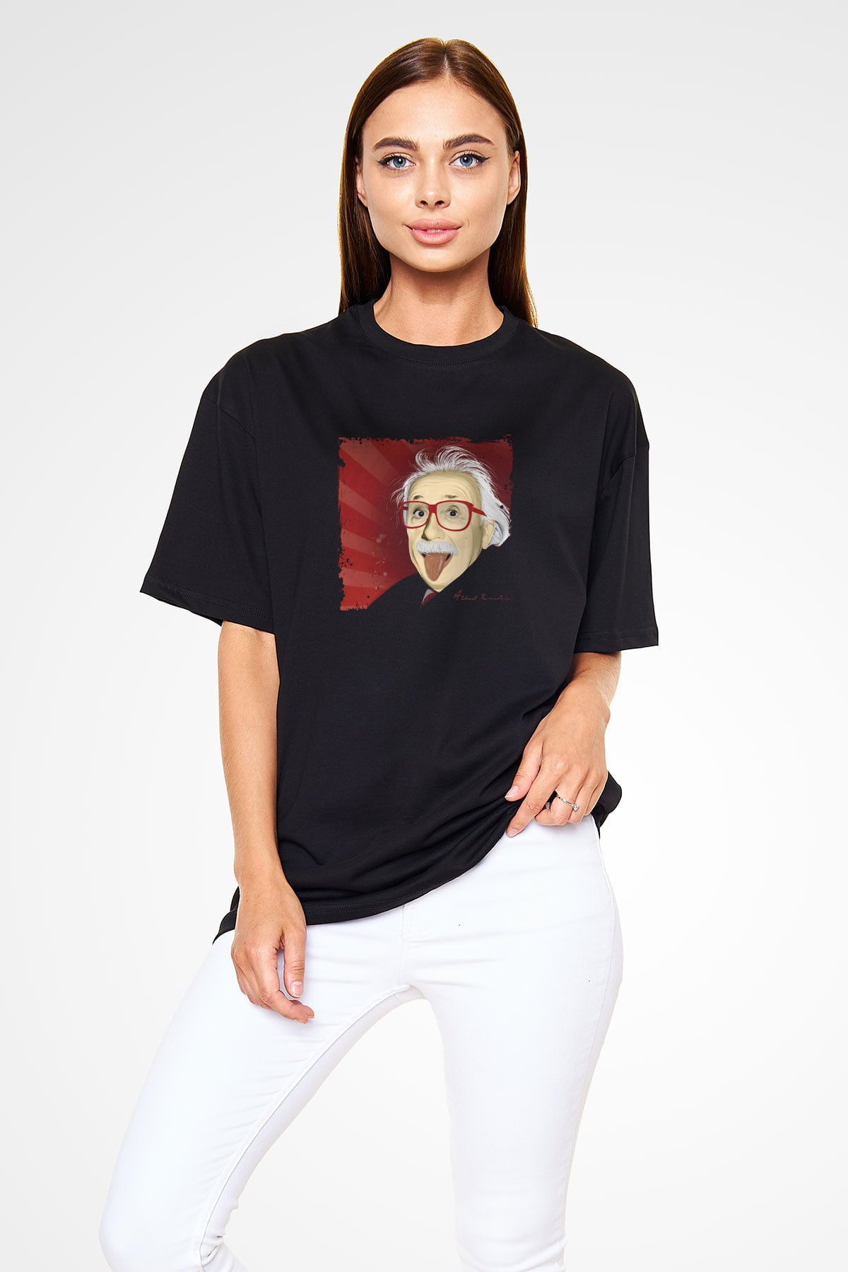 Albert Einstein Baskılı Unisex Siyah Oversize Tişört