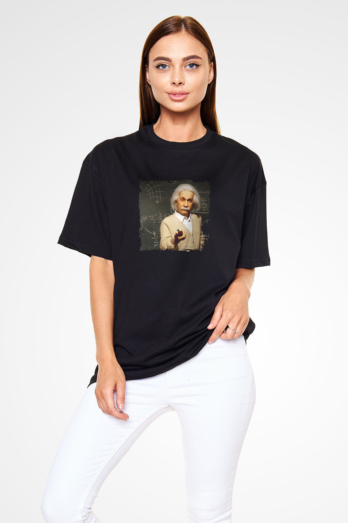 Albert Einstein Baskılı Unisex Siyah Oversize Tişört
