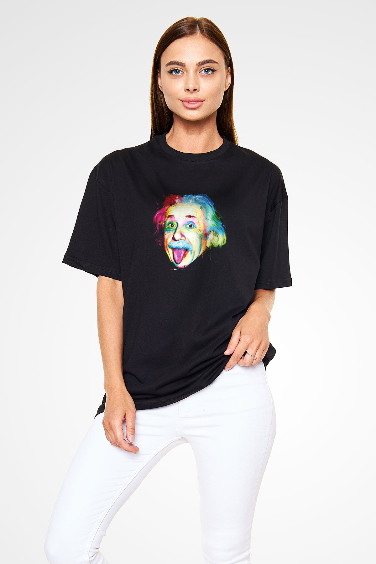 Albert Einstein Baskılı Unisex Siyah Oversize Tişört