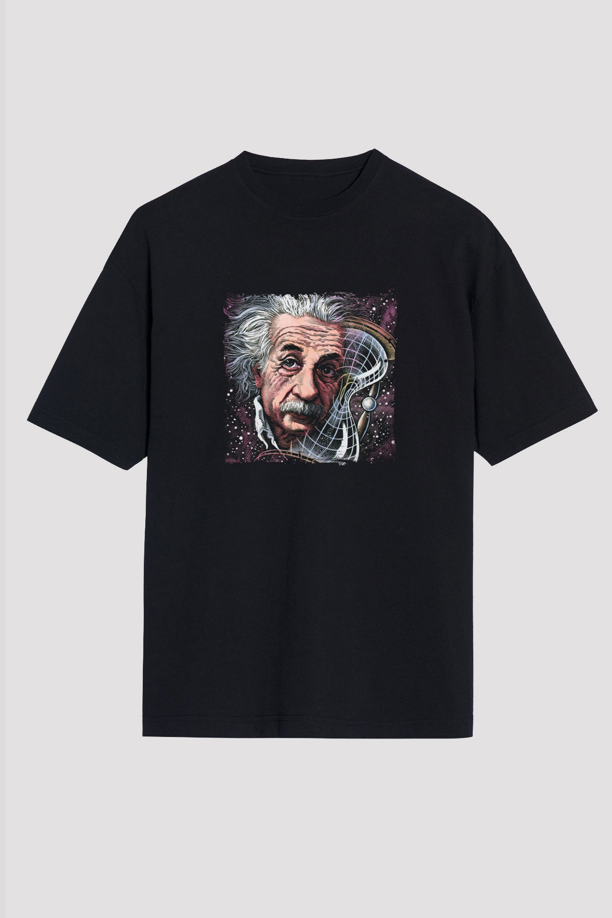 Albert Einstein Baskılı Unisex Siyah Oversize Tişört