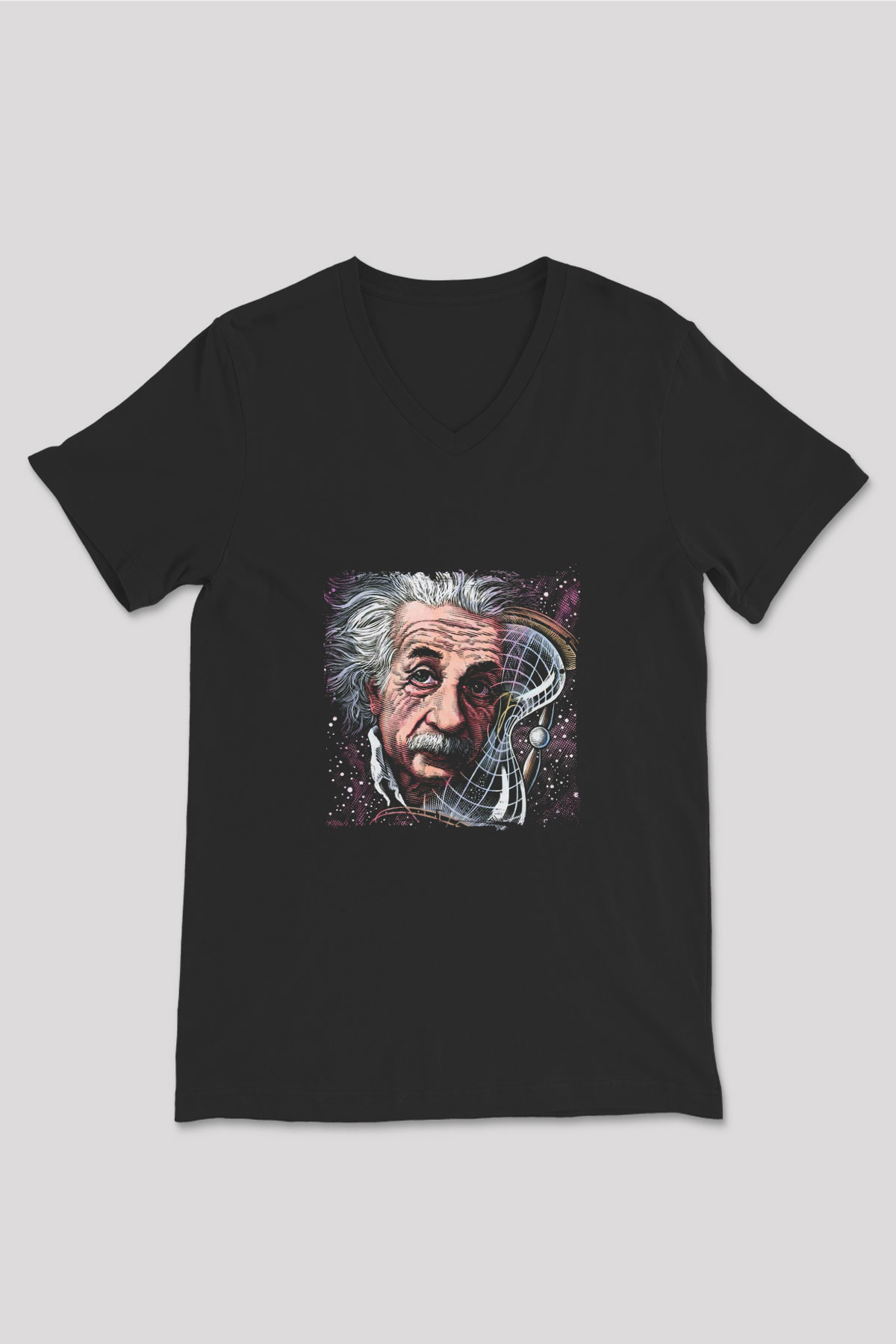 Albert Einstein Baskılı Unisex Siyah V Yaka Tişört