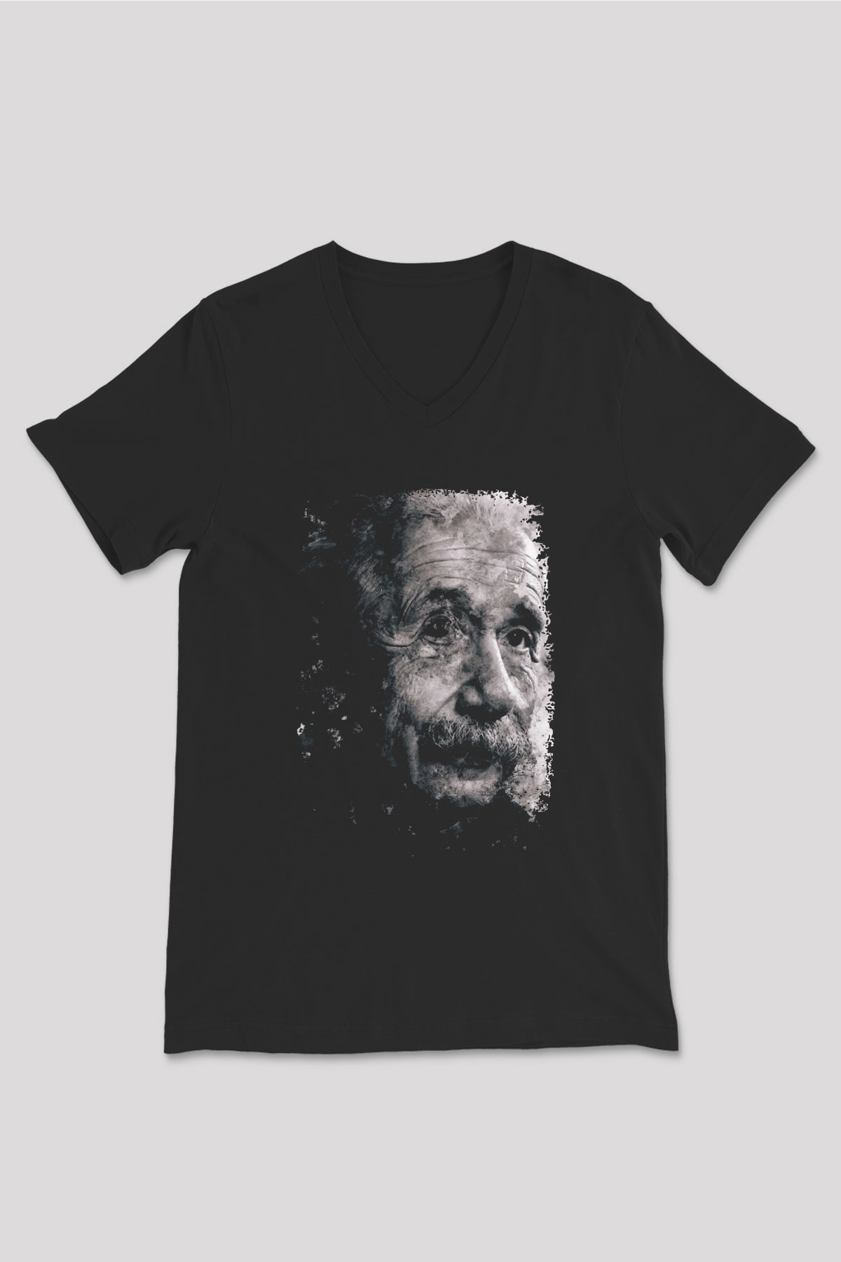 Albert Einstein Baskılı Unisex V Yaka Siyah Tİşört - Tshirt