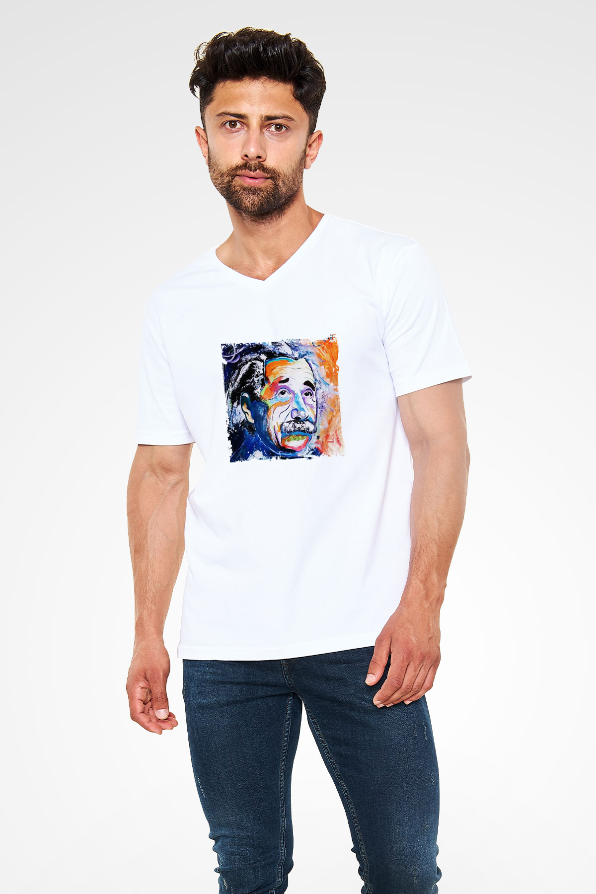 Albert Einstein Baskılı V Yaka Unisex Beyaz Tişört