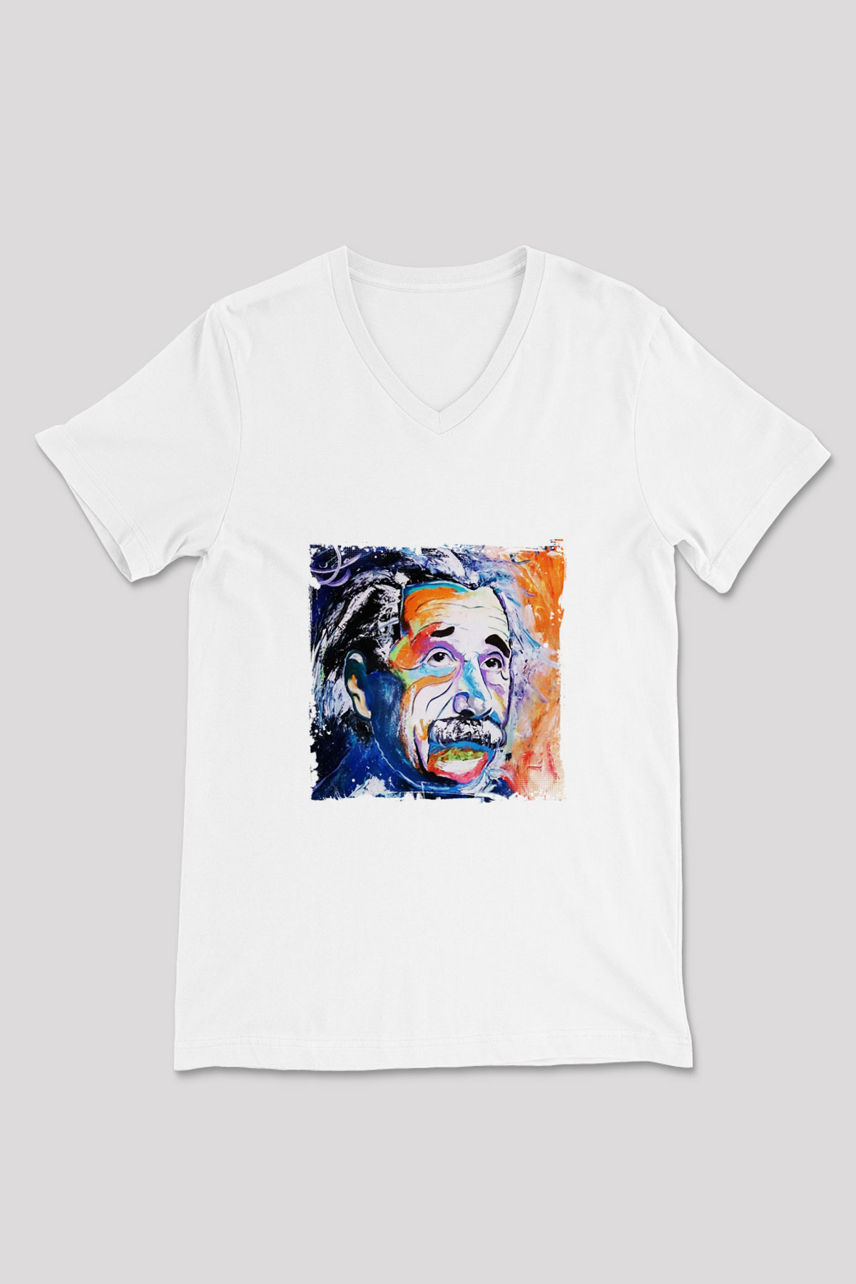 Albert Einstein Baskılı V Yaka Unisex Beyaz Tişört