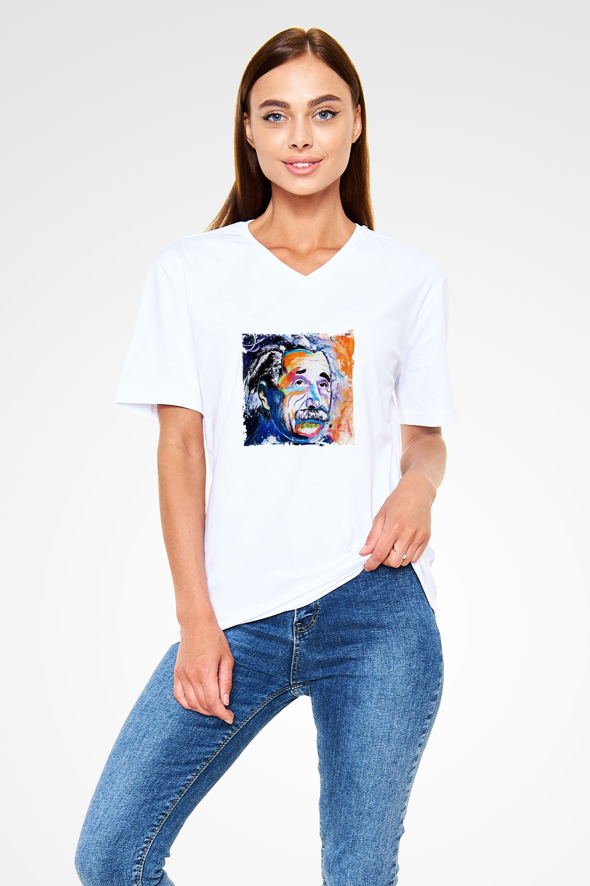 Albert Einstein Baskılı V Yaka Unisex Beyaz Tişört