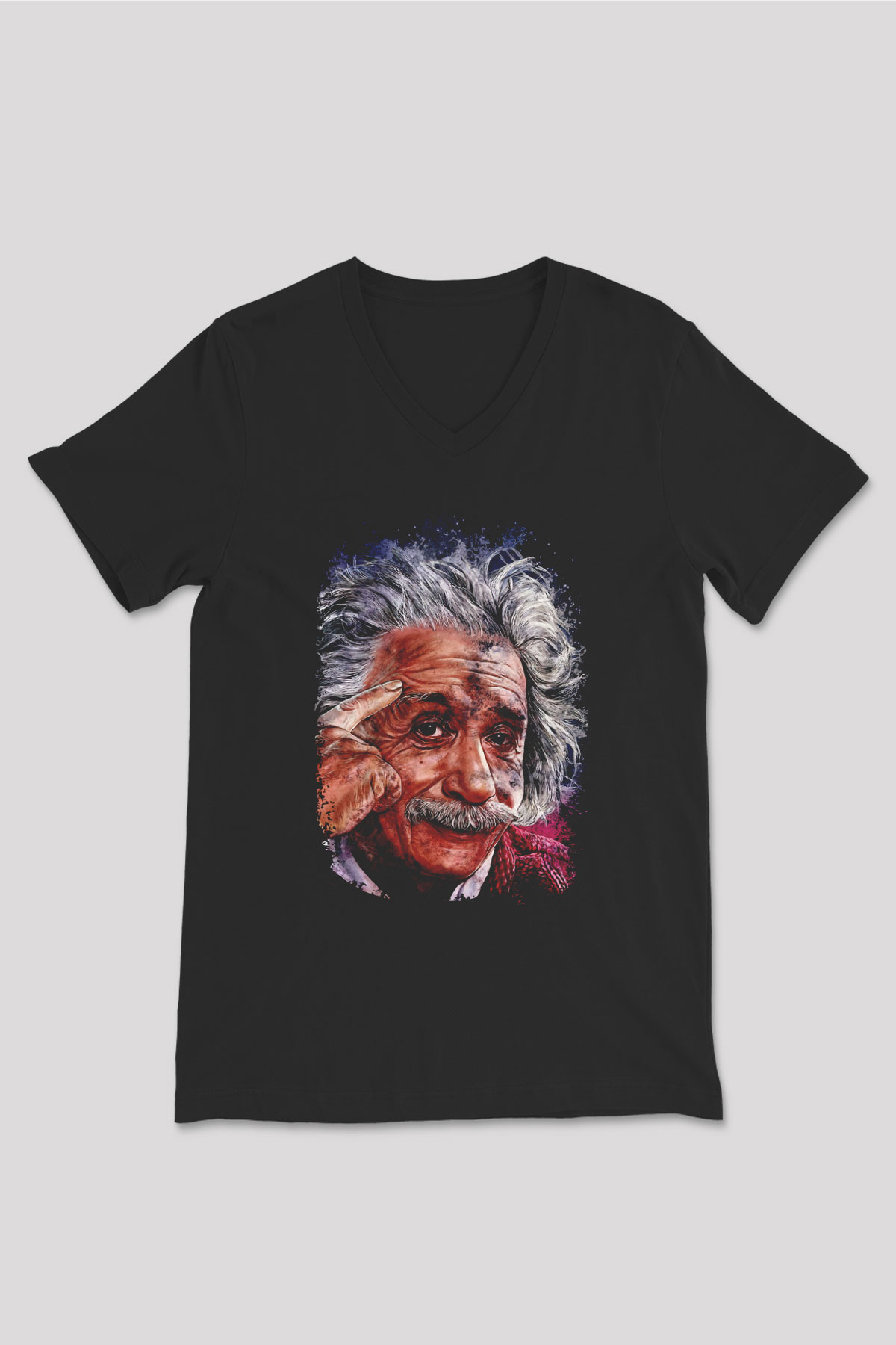 Albert Einstein Çizim Baskılı Unisex V Yaka Siyah Tİşört - Tshirt